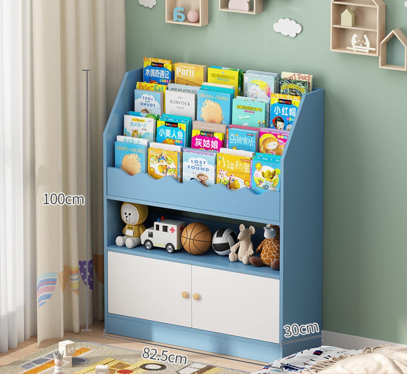 X&D Modern Floor Standing Bookcase - Wooden Bookshelf with Shelves & Lockers, 2-in-1 Book Display Storage Unit with Open Drawer - Bright Blue & White Door (100x82.5x30cm) - Perfect for Kids' Room, Classroom, Nursery, and Home Organization