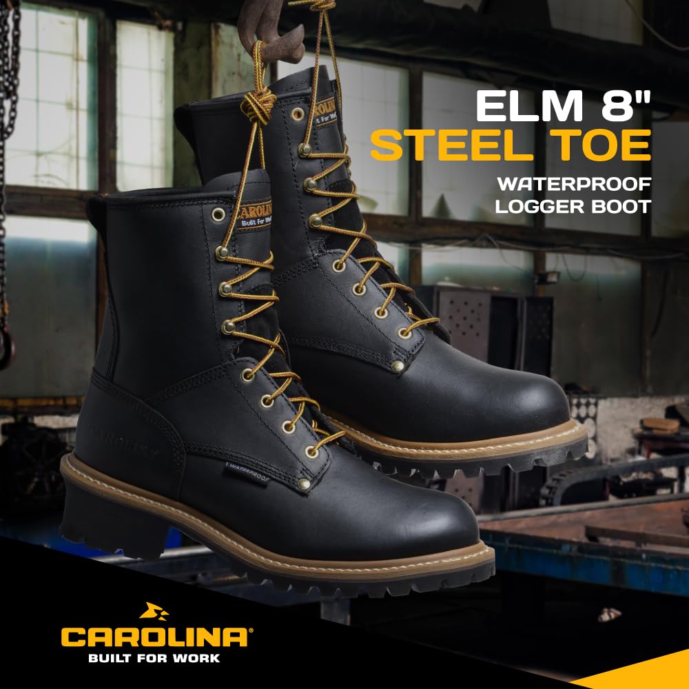 Carolina Elm 8 Inch Logger Steel Toe Work Boots for Men - Crazy Horse Leather Upper, Comfortable Pillow Cushion Footbed, Oil & Slip Resistant EH-Rated Outsole - Ideal for Construction, Logging & Heavy Duty Work