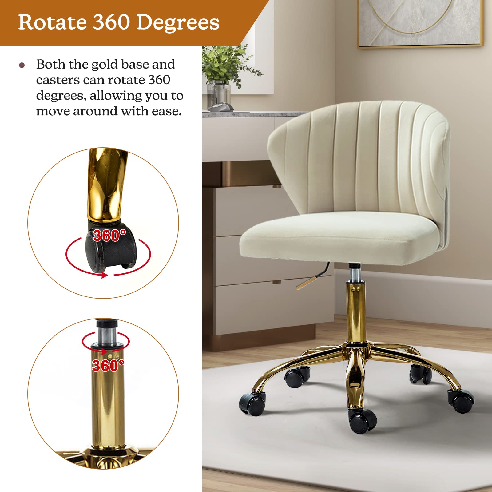 TINA'S HOME Modern Velvet Office Chair with Wheels & Gold Base - Adjustable Low Back Swivel Rolling Task Chair for Home Office, Living Room, Vanity or Study - Armless Upholstered Desk Chair in Tan | Perfect for Small Spaces, Work from Home & Makeup Stations