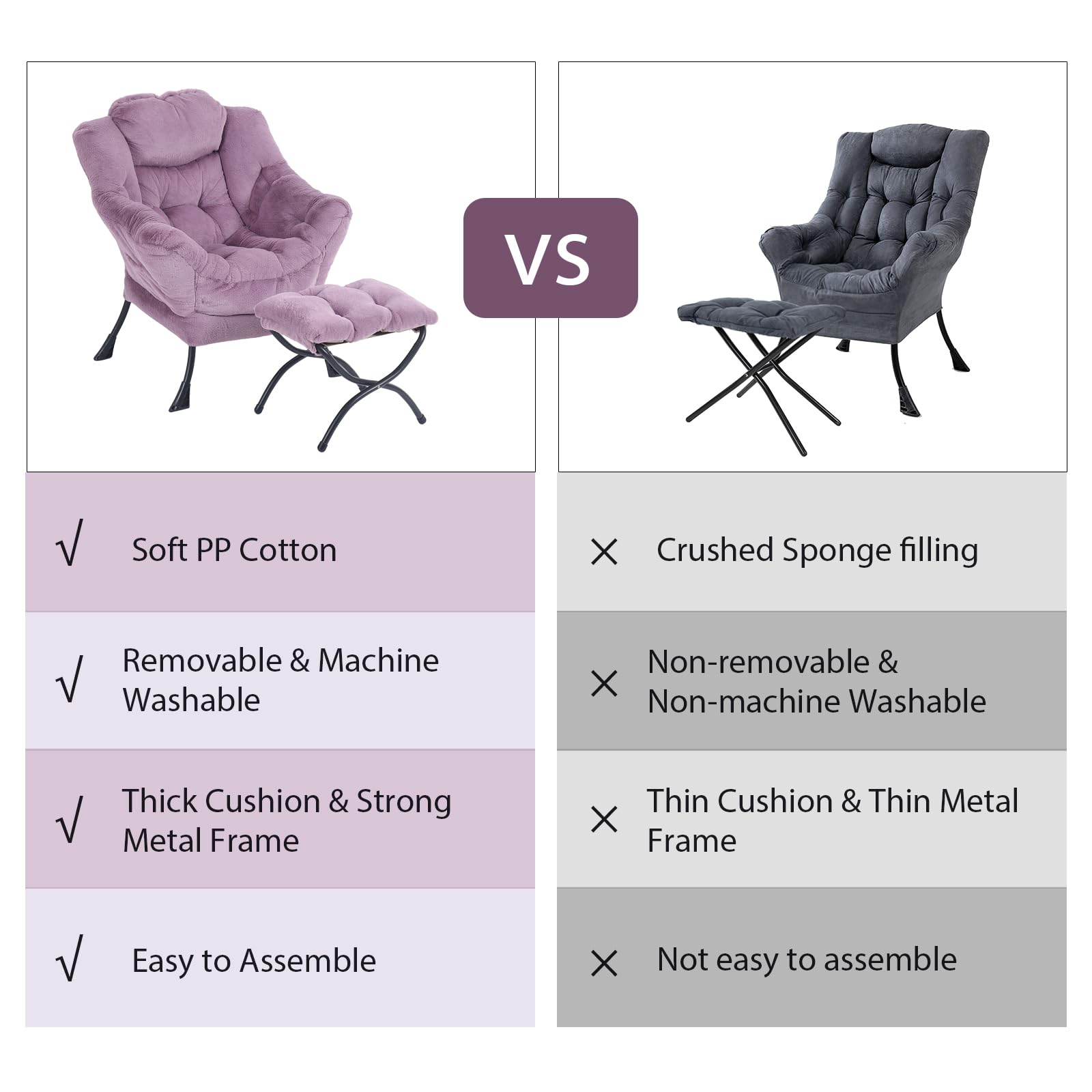 Oversized Lounge Chair with Ottoman - Modern Accent Chair with Folding Footrest, Plush Purple Reading Chair for Bedroom, Study & Living Room - Perfect for Relaxing, Reading & Small Space Decor