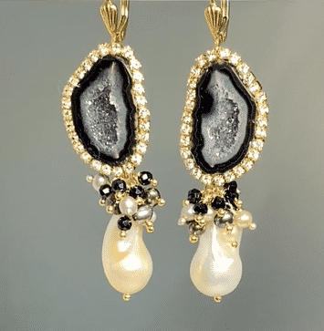 Tabasco Geode & Baroque Pearl Dangle Earrings | Black & White Statement Jewelry for Women | Perfect for Parties, Weddings & Evening Events