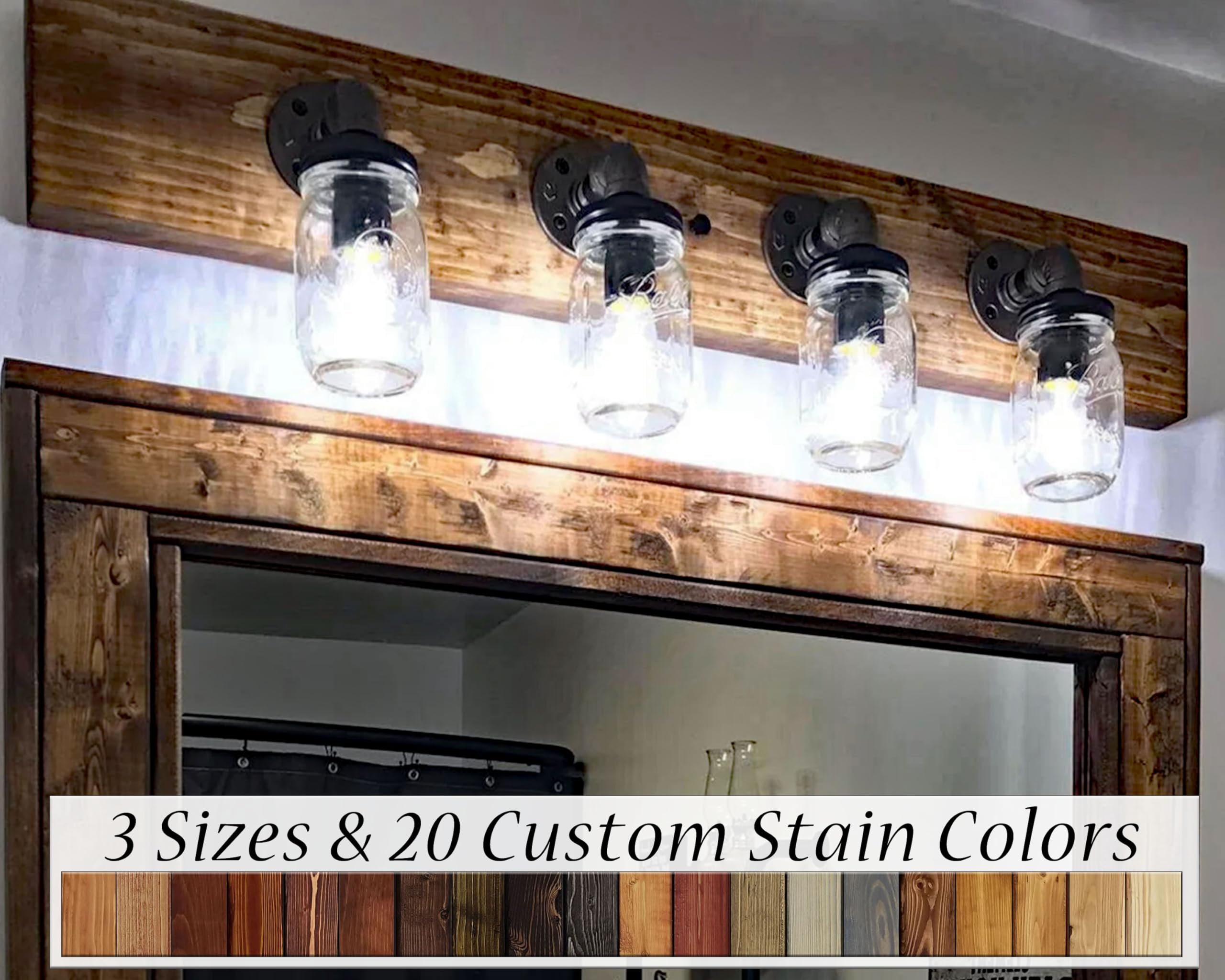 Aberdeen 2, 4 or 6 Mason Jar Bathroom Vanity Light Set - Farmhouse Rustic Wood & Steel Fixture with Glass Shades (3 Size Options) - Perfect for Bathroom, Powder Room or Farmhouse Decor Lighting