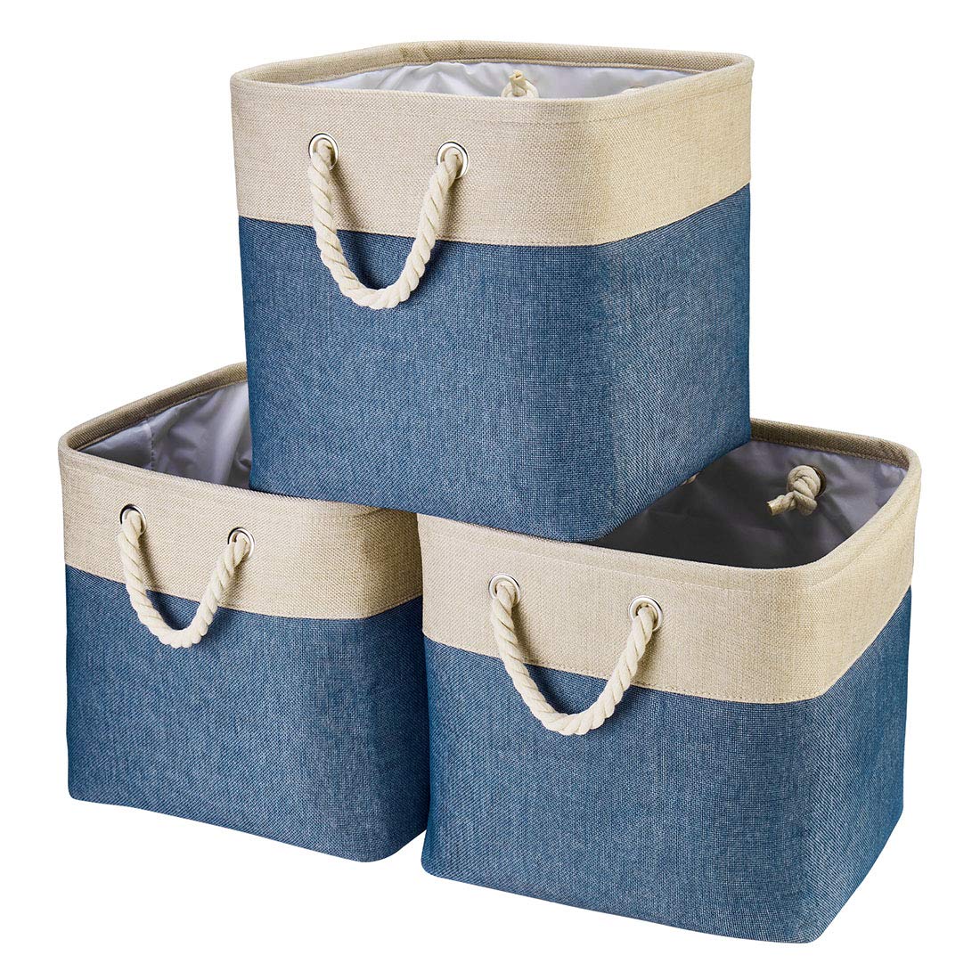 i BKGOO 3-Pack Large Foldable Storage Bins | Collapsible Fabric Organizer Baskets with Cotton Handles | 13×13×13 Inch for Home, Office, Shelf, Clothes & Toys (Khaki-Blue) | Perfect for Closet Organization, Kids Room Storage & Space Saving Solutions