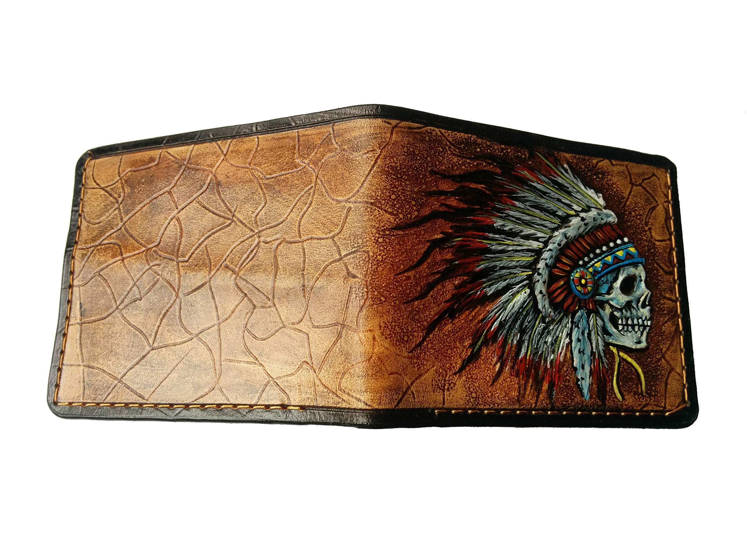 Authentic 3D Genuine Leather Bifold Wallet - Handcrafted Indian Chief Skull & Native American Apache Headdress Design - Patriotic Men's Carved & Tooled Custom Wallet - Perfect for Everyday Use & Gift Giving