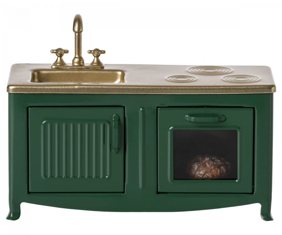 Maileg Miniature Kitchen Playset - Dark Green Mouse Theme | Pretend Play Toy for Kids, Dollhouse Accessories & Collectible Gift