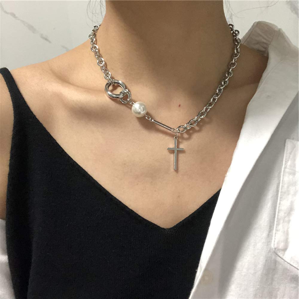 Dainty Punk Cross Pearls Stackable Layered Necklace - Silver Choker Necklace for Women & Girls | Minimalist Statement Jewelry | Perfect for Layering, Everyday Wear & Gift Giving
