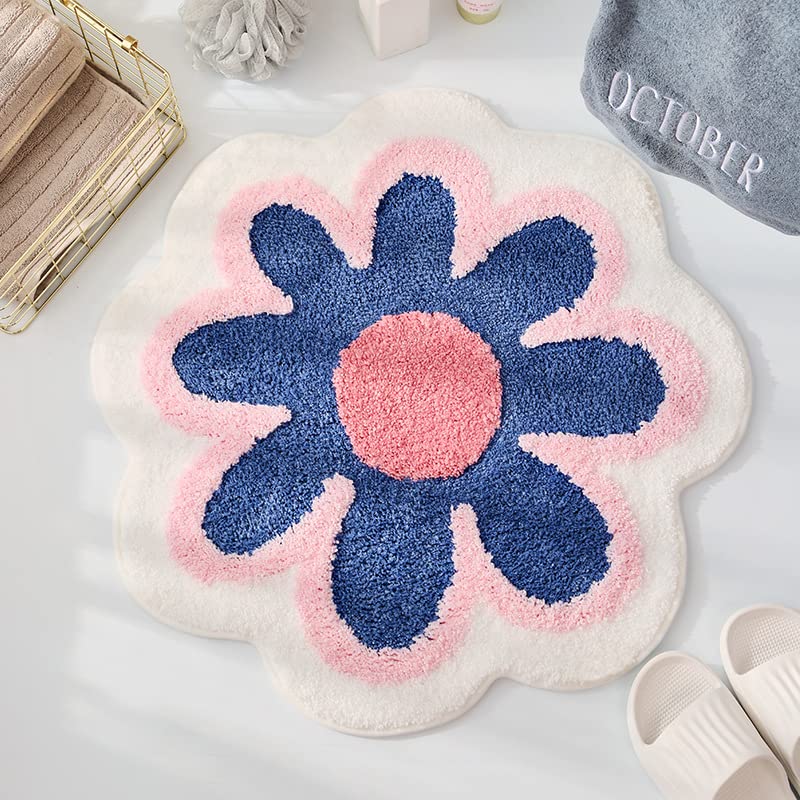 Non-Slip Flower Shaped Bath Mat - Soft Absorbent TPR Petal Bathroom Rug - 26x26 Inch Blue Shower Mat for Bathroom Safety & Comfort - Perfect for Kids, Elderly & Pet-Friendly Homes