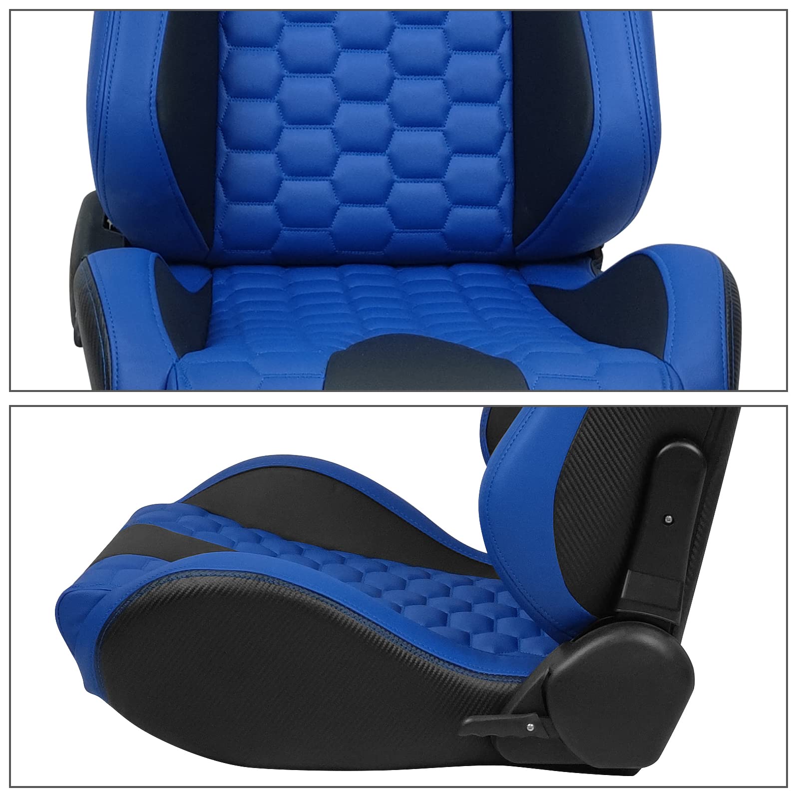 IKON MOTORSPORTS Universal Racing Seats - Dual Sliders, Reclinable Blue & Black PU Carbon Leather Bucket Seats with Hexagonal Quilting (1 Pair for Driver & Passenger) | Perfect for Sports Cars, Drifting & Track Racing