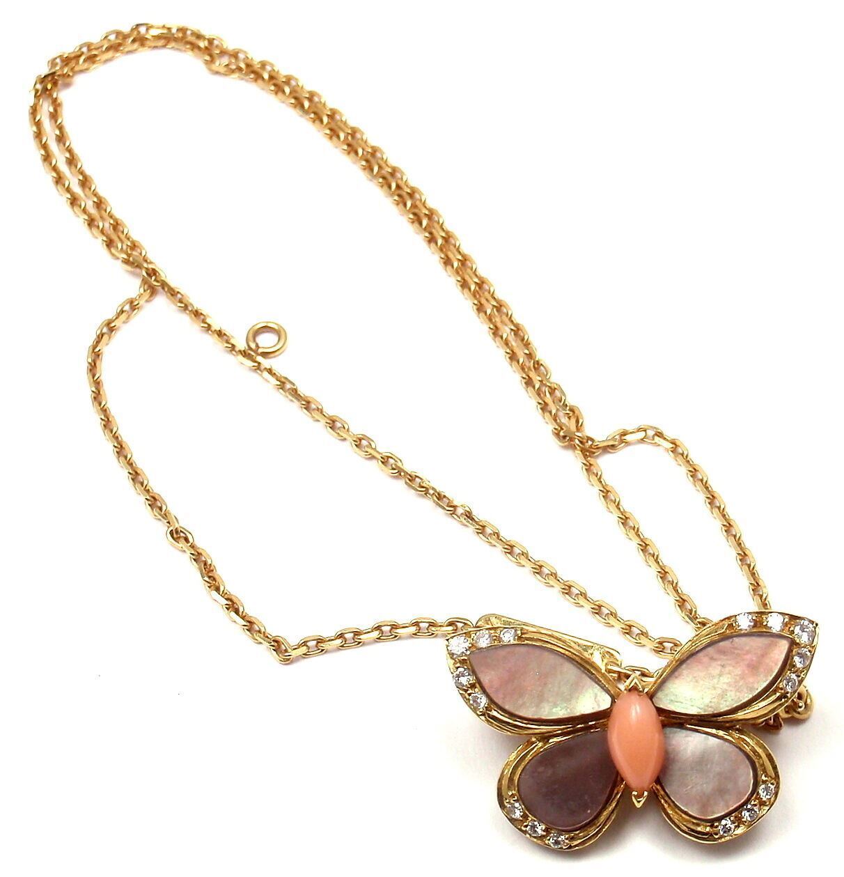 VAN CLEEF & ARPELS 18k Yellow Gold Diamond Mother of Pearl Coral Butterfly Brooch Necklace - Elegant Jewelry for Weddings, Parties & Special Occasions