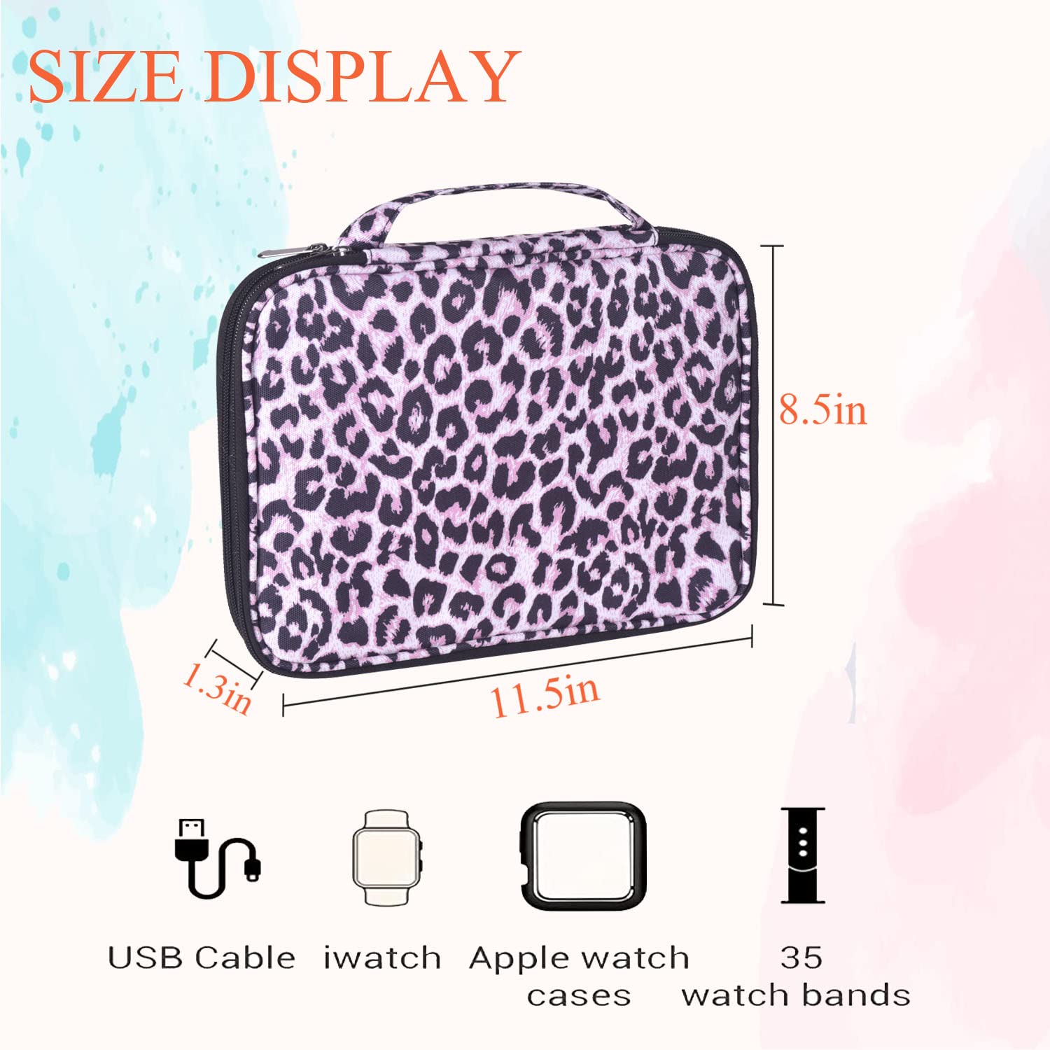 **Pink Leopard Watch Band Storage Case & Organizer – Holds 35 Watch Straps & Accessories – Durable Travel Carrying Case for Apple Watch, Samsung, Fitbit & More – Perfect for Travel, Gym & Home Storage**