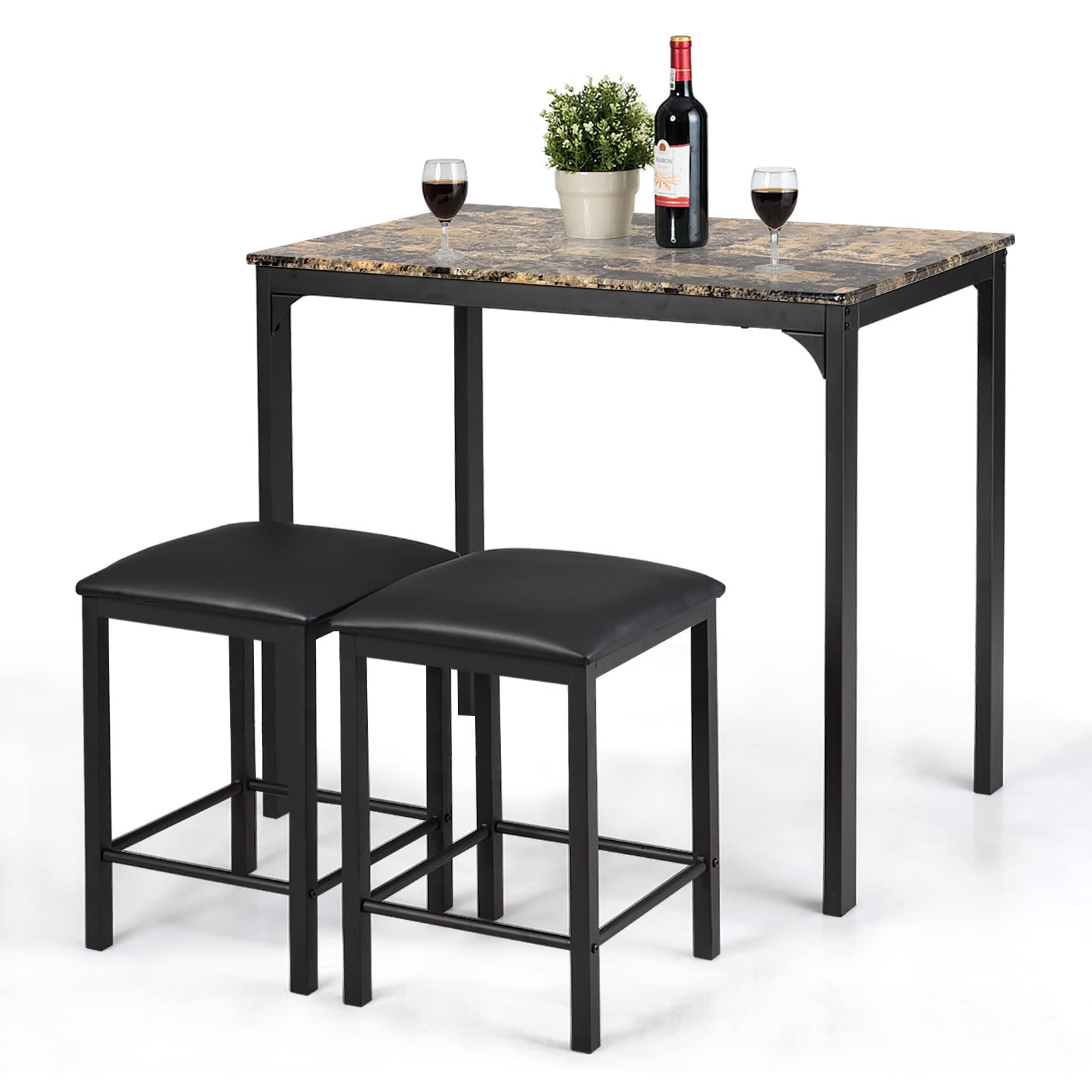 Casart 3-Piece Faux Marble Dining Table Set with 2 Stools - Modern Kitchen & Bar Counter Height Table for Small Spaces, Breakfast Nook, Apartment, Condo - Easy Assembly & Durable Design
