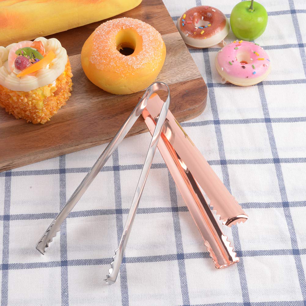 Premium Rose Gold Stainless Steel Ice Tongs - 6.5 Inch Mirror Polished Kitchen Tongs for Cocktails, Beverages, and Food Serving (Set of 2, Silver & Rose Gold) - Perfect for Bartending, Home Bars, and Party Hosting