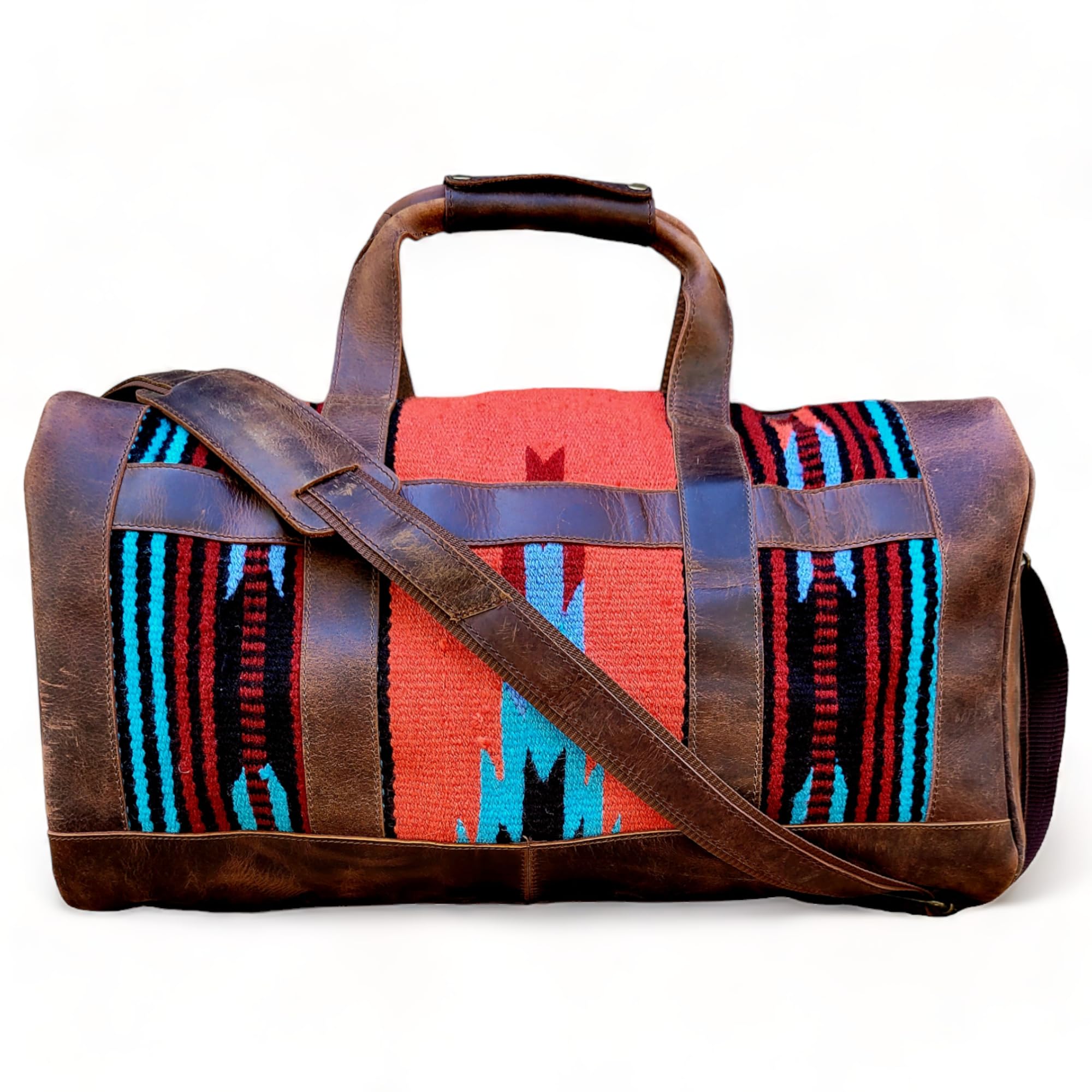 Handcrafted Vintage Brown Southwestern Leather Weekender Duffle Bag - Aztec Design, Antique Style - Perfect for Travel, Gym & Weekend Getaways (Sedona)