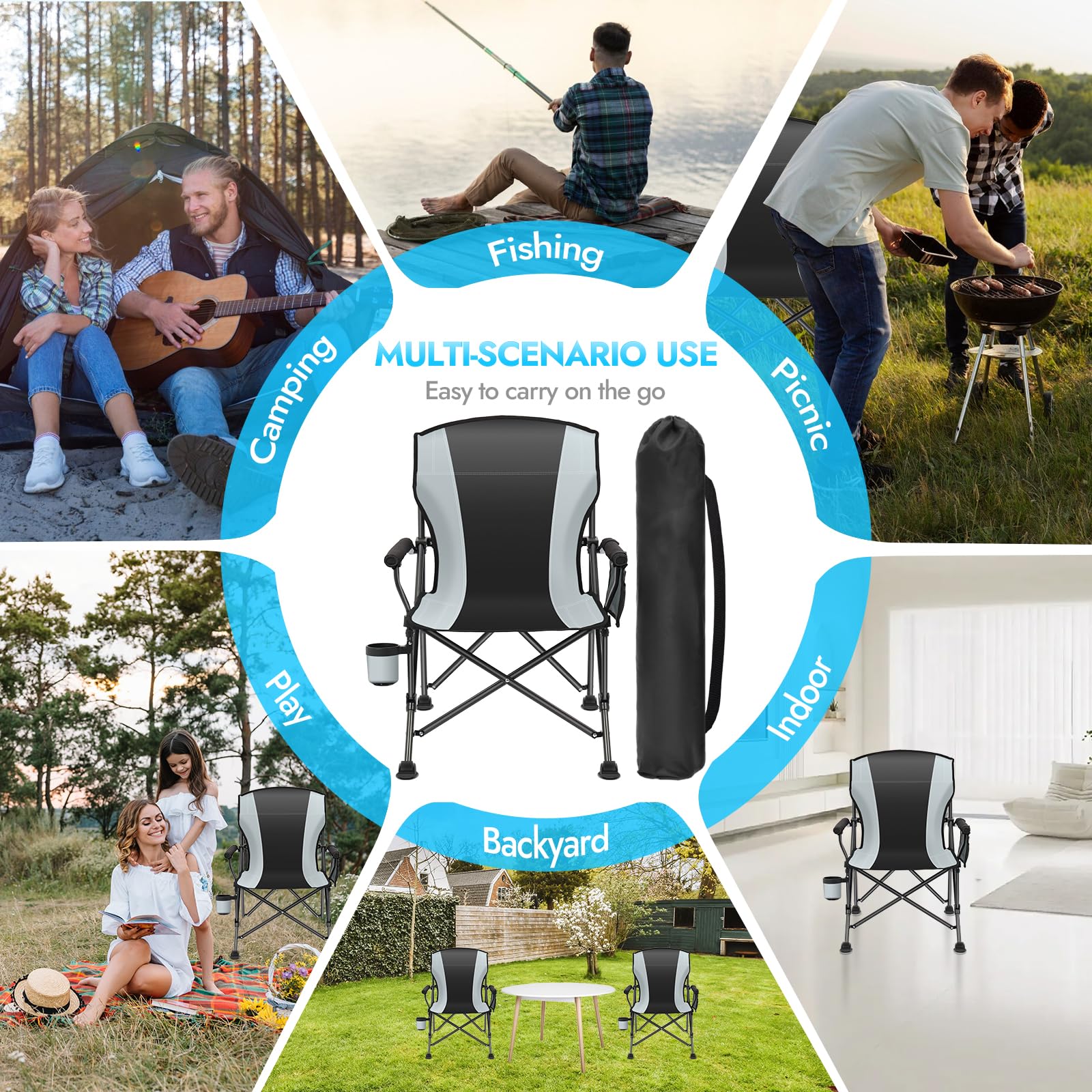 2 Pack Heavy Duty Oversized Folding Camping Chairs for Adults - 450 lbs Weight Capacity, Portable Lawn Chairs with Side Pockets for Outdoor Camping, Beach, Fishing, Picnic & Hiking - Perfect for Backyard BBQs, Tailgating and Concert Events