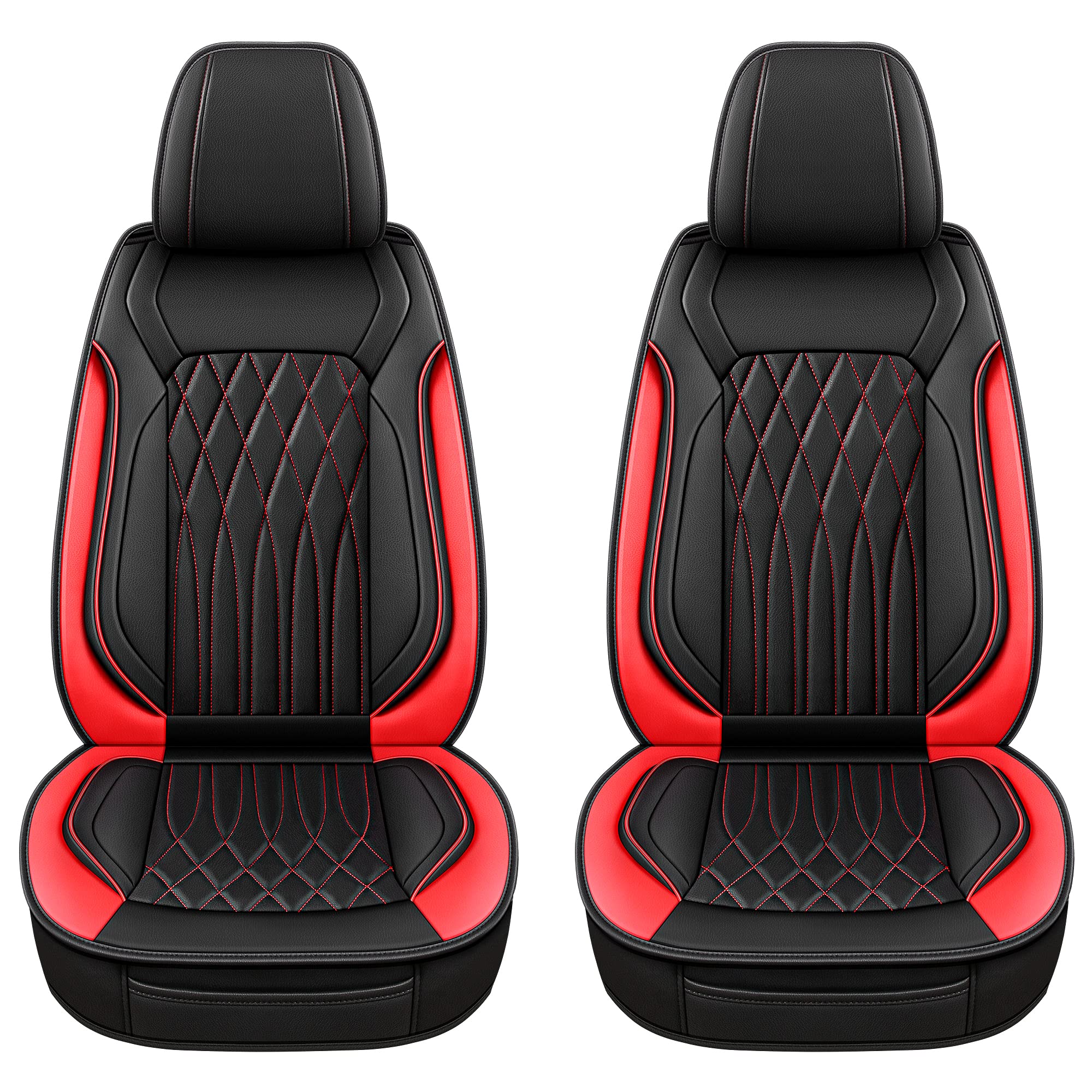 Premium Faux Leather Car Seat Covers Front Pair - Waterproof, Non-Slip Universal Fit for Sedans, Trucks & SUVs (Black/Red Line) | Durable Protection & Luxury Style for Daily Commute, Road Trips & Family Vehicles