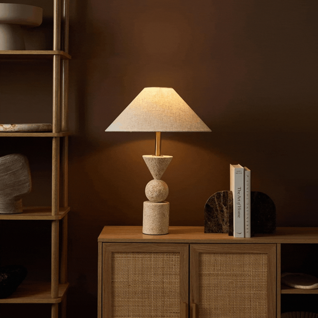 Modern Travertine Table Lamp - Natural Stone Base with Linen Shade for Bedroom, Living Room & Office Decor - Warm Ambient Lighting for Home & Workspace