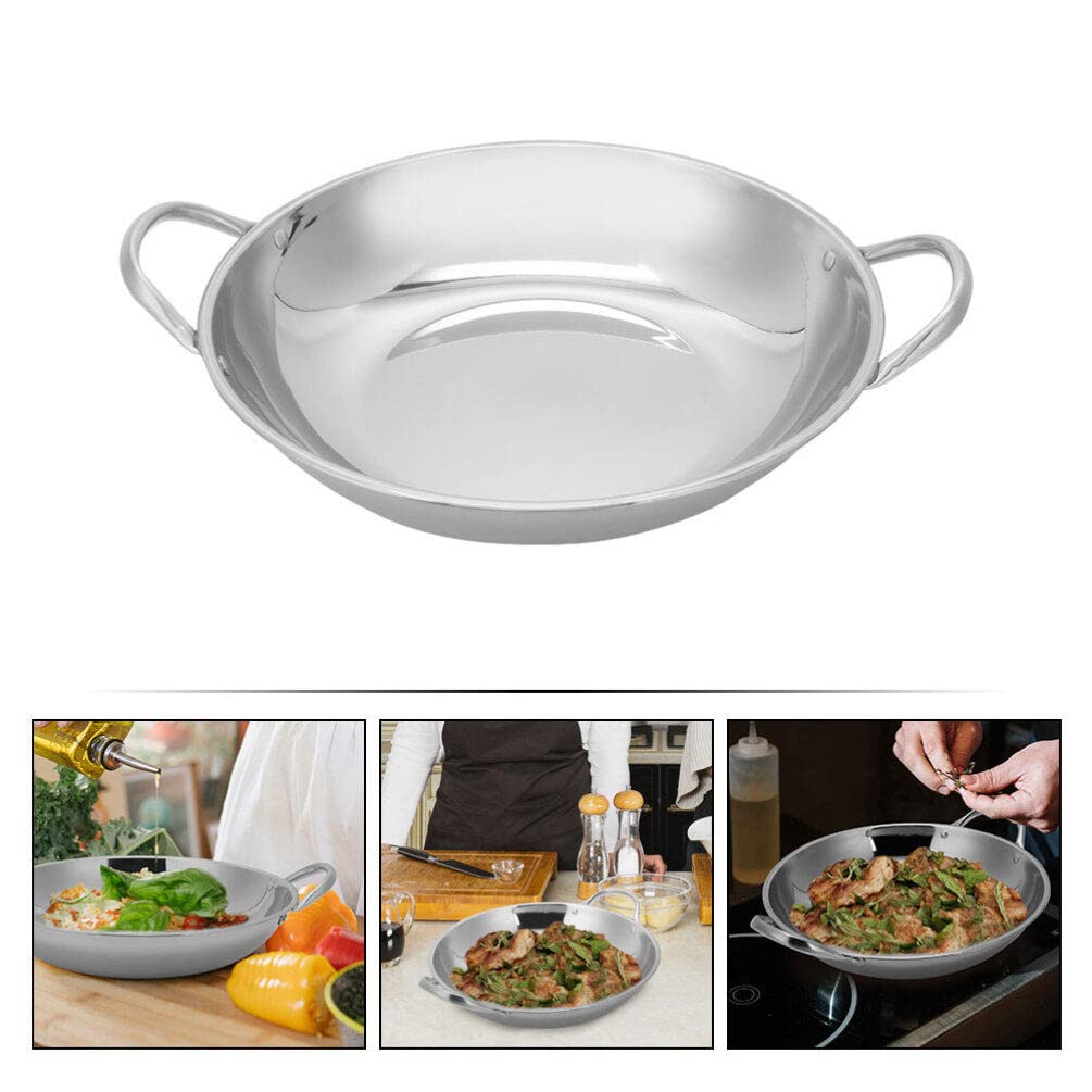Alipis 28CM Stainless Steel Paella Pan & Wok - Double Handle Stir Fry Pan, Hot Pot, Iron Frying Pan for Chinese Cooking | Perfect for Boiling, Steaming & Stir-Frying | Ideal for Home Kitchens & Asian Cuisine