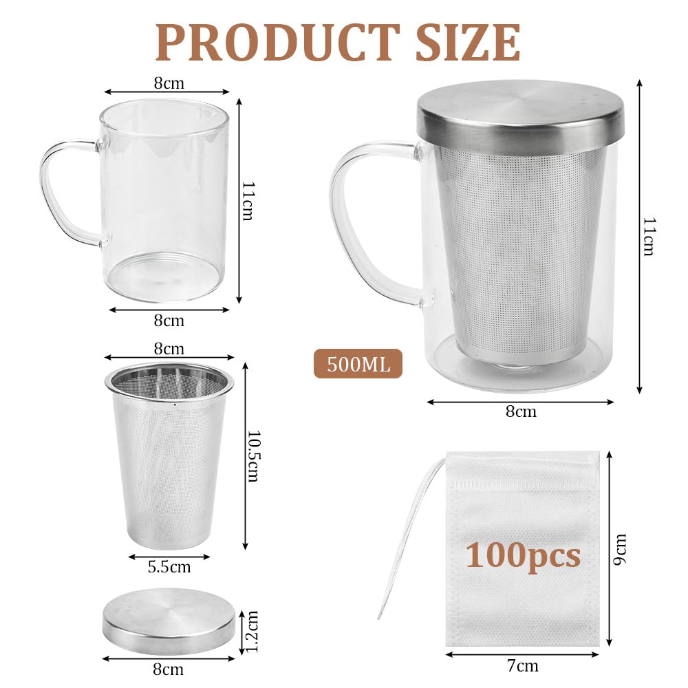 ADERTOS Glass and Stainless Steel Tea Infuser Mug with Lid - 100 Tea Filter Bags Included - Modern Tea Cup for Office, Home, and Relaxation - Perfect for Hot Tea, Iced Tea, and Herbal Infusions