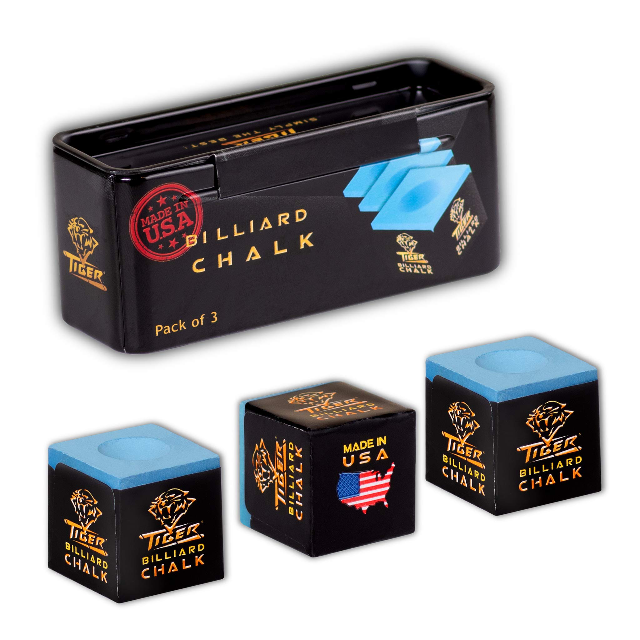 Premium Tiger Pool Cue Billiard Chalk - Blue (3-Pack) - Professional Pool Accessories for Smooth Shots & Improved Grip - Perfect for Home Game Rooms, Bars & Pool Halls