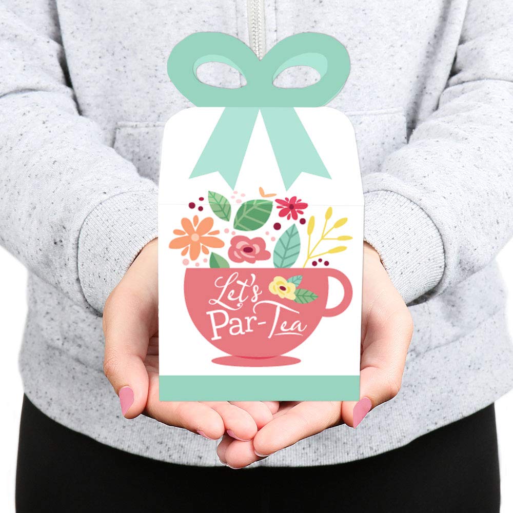 Big Dot of Happiness Floral Let’s Par-Tea Square Favor Gift Boxes - Set of 12 Elegant Garden Tea Party Bow Boxes for Bridal Showers, Baby Showers & Birthday Celebrations