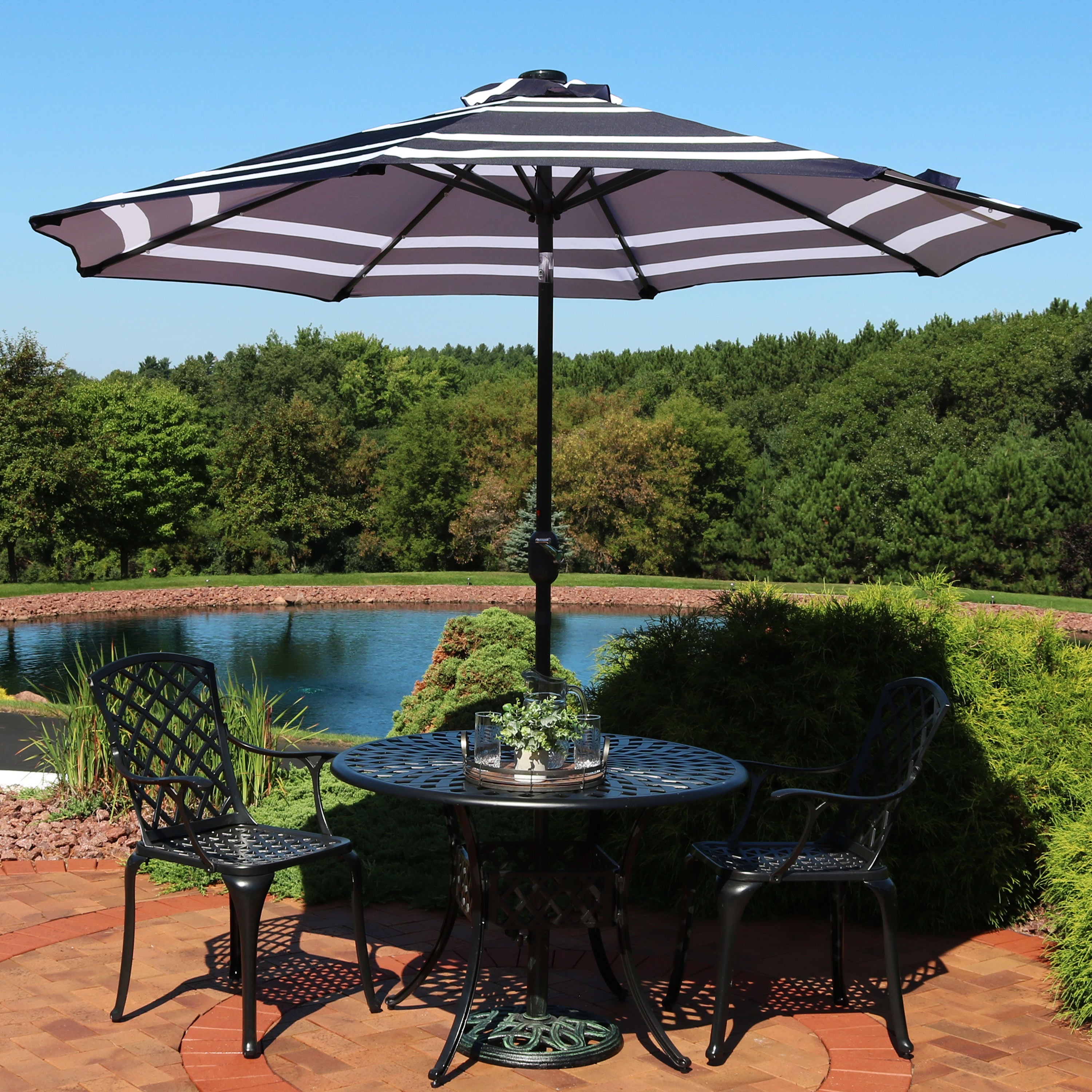 Sunnydaze 9-Foot Striped Outdoor Patio Umbrella with Built-in Solar LED Lights - Perfect for Backyard, Poolside, and Beach Relaxation