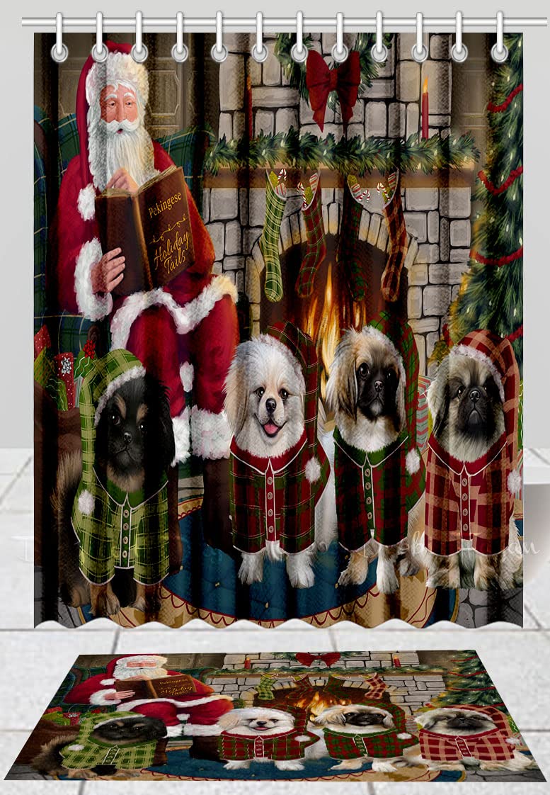Christmas Pekingese Dog Shower Curtain & Bath Mat Set - Cozy Holiday Fire Tails Design, Anti-Slip Polyester Bathroom Decor with Hooks (Bath Mat 16