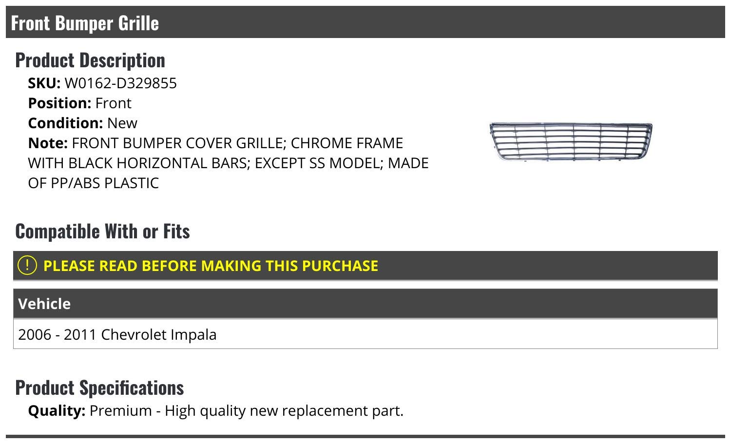 Chrome & Black Front Bumper Grille for 2006-2011 Chevy Impala - Car Styling Upgrade