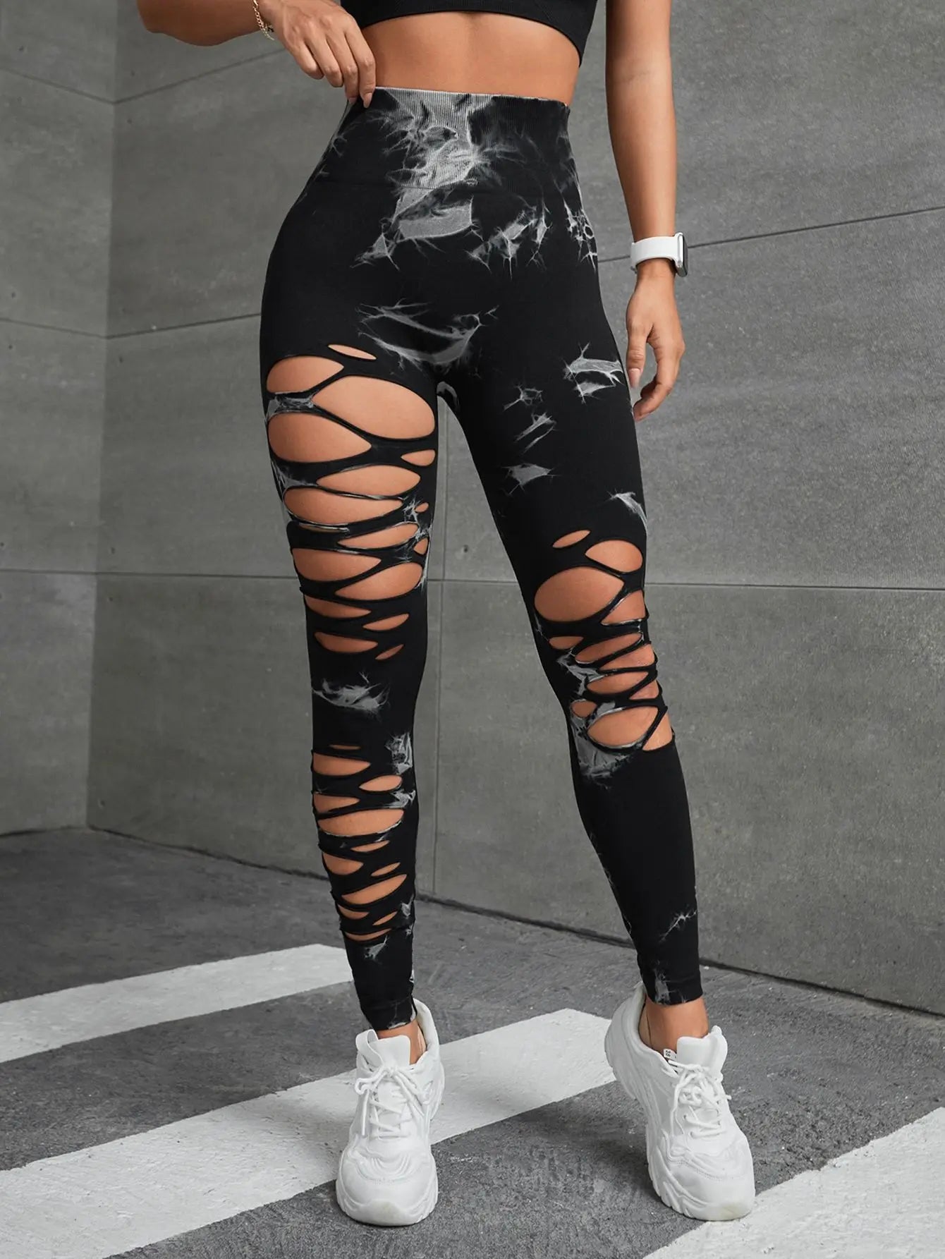 Women's Tie-Dye Hollow Out Leggings - High Waisted Push Up Gym Tights for Running, Yoga & Fitness | Sexy Sports Pants for Workout & Activewear | Red Athletic Leggings