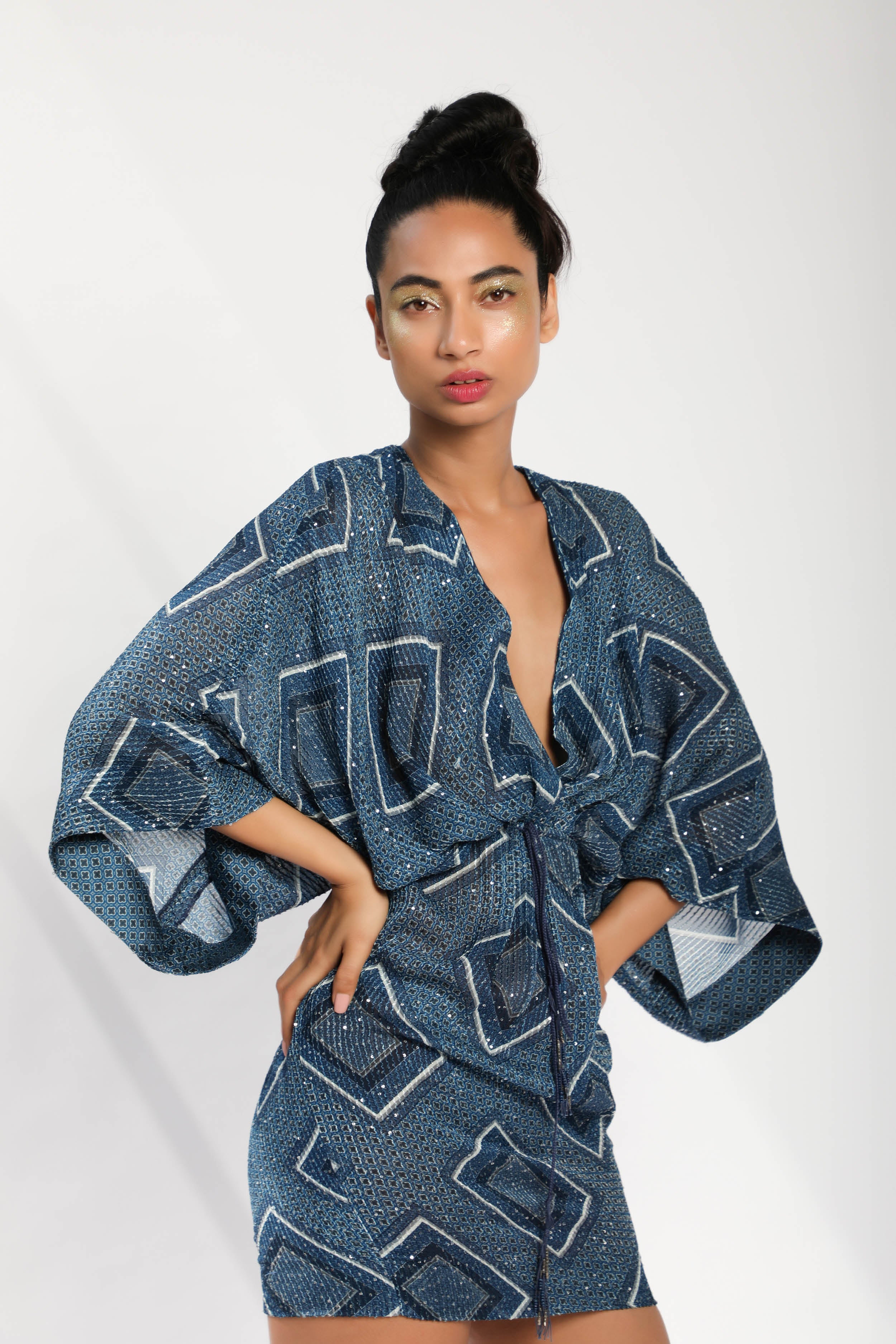 Indigo Blue Tile Print Draped Kimono Dress - Elegant Flowy Boho Maxi Dress for Women | Perfect for Beach Cover Up, Summer Vacation & Festival Outfits