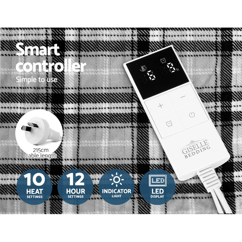 Electric Heated Throw Blanket - Soft Flannel Snuggle Rug, Machine Washable, Grey & White Checkered Plaid - Perfect for Cozy Nights, Living Room Lounging & Winter Warmth