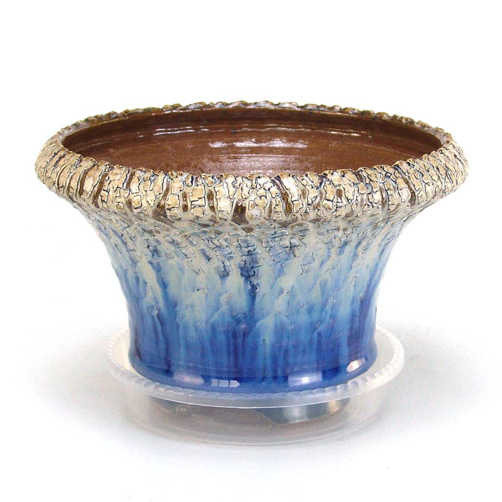 Natural Crackle Glaze Round Ceramic Succulent Planter Pot with Drainage Hole & Saucer - 6.2 Inch Dark Blue Cactus Flower Pot for Home Decor, Office Desk, Garden & Indoor Plants