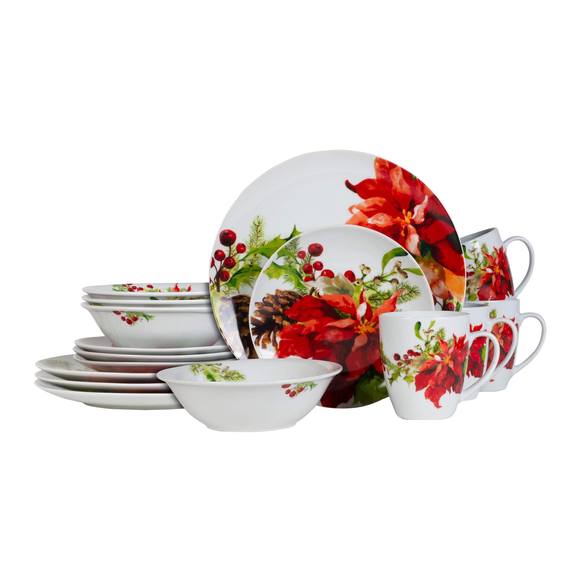 Fitz and Floyd Holiday Home 32-Piece Dinnerware Set - Elegant Porcelain Tableware for Christmas, Thanksgiving & Family Gatherings - Complete Service for 8 with Plates, Bowls & Cups