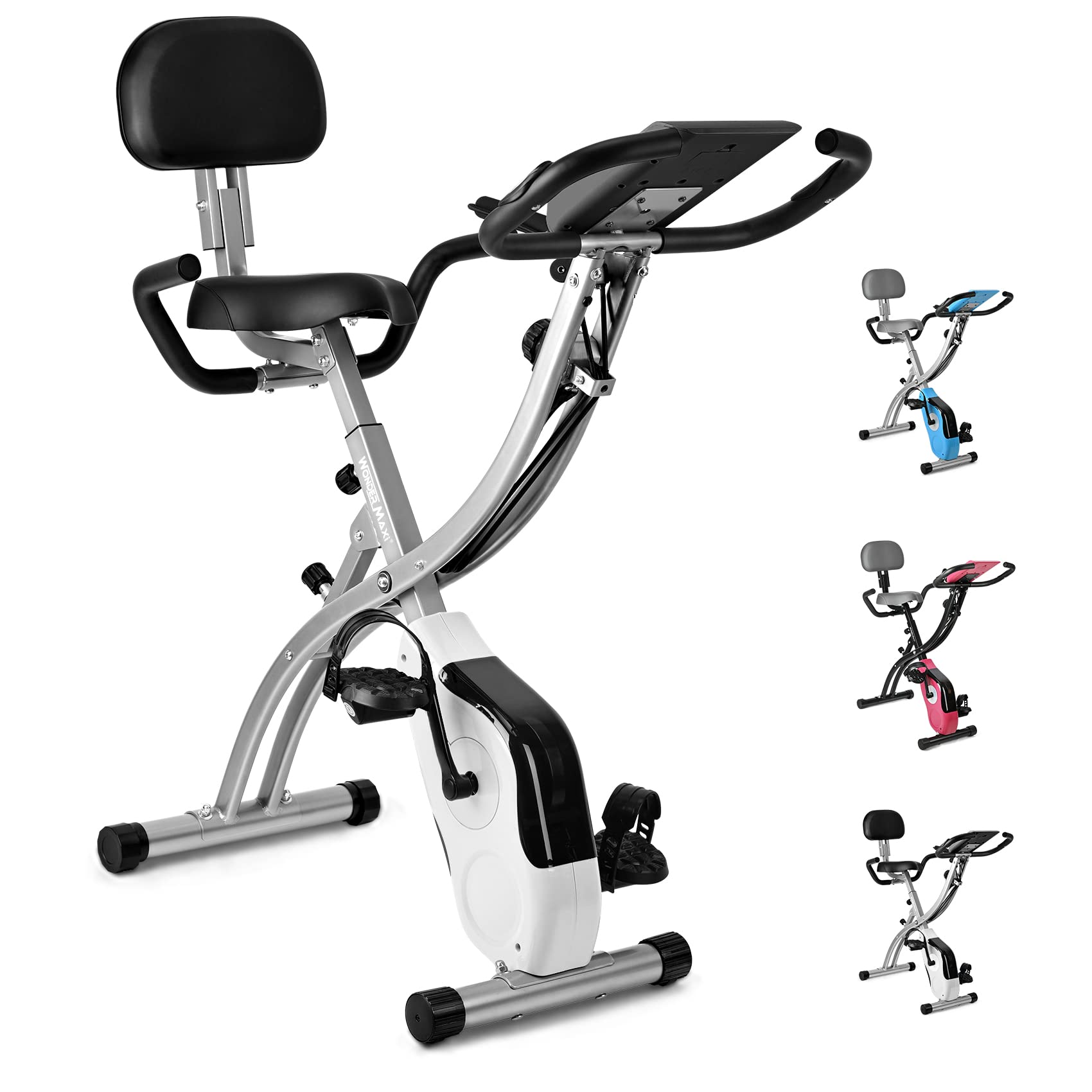 Folding Exercise Bike - Magnetic Wonder Maxi 3-in-1 Foldable Indoor Cycling Bike with Arm Resistance Bands & Backrest | 441lbs Weight Capacity | Lightweight Stationary Bike for Home Gym, Cardio Workout & Small Spaces