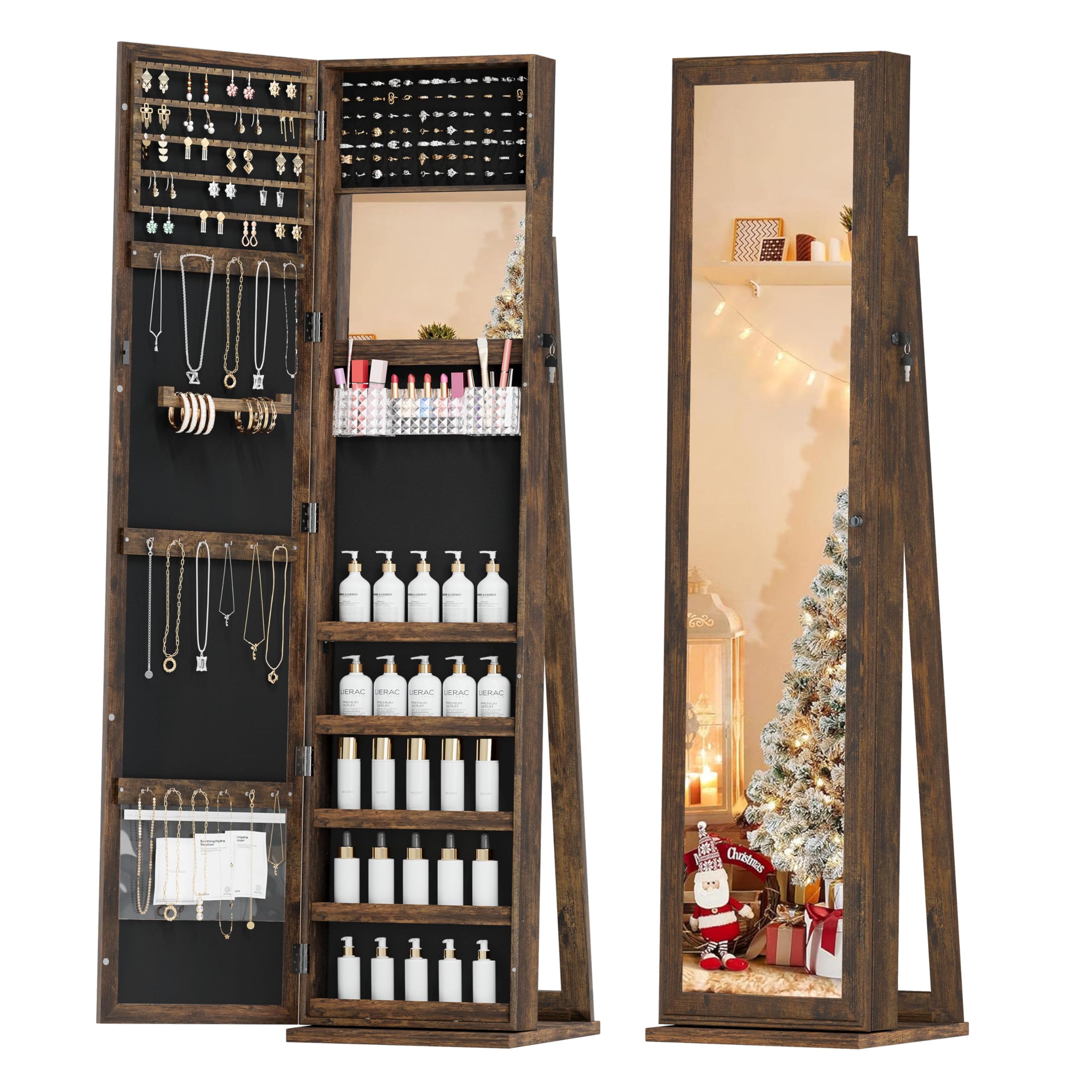 Full Length Mirror Jewelry Cabinet with Lock - Standing Jewelry Armoire Organizer for Women & Girls, Brown - Perfect for Bedroom, Closet & Dressing Room Storage