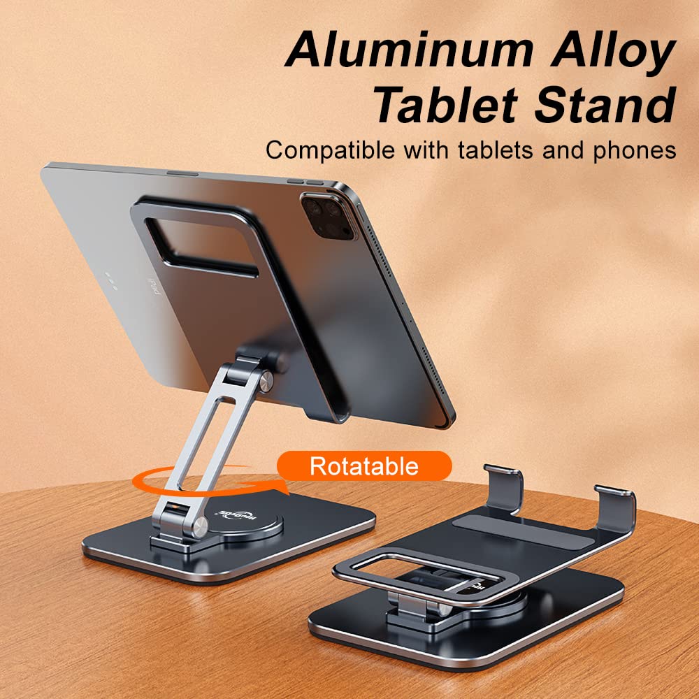 HouDeOS Rotatable & Foldable Aluminum Tablet Stand for Desk - Stable iPad Holder Compatible with 4.7-12 Inch Tablets & Smartphones - Perfect for Work, Study, and Entertainment