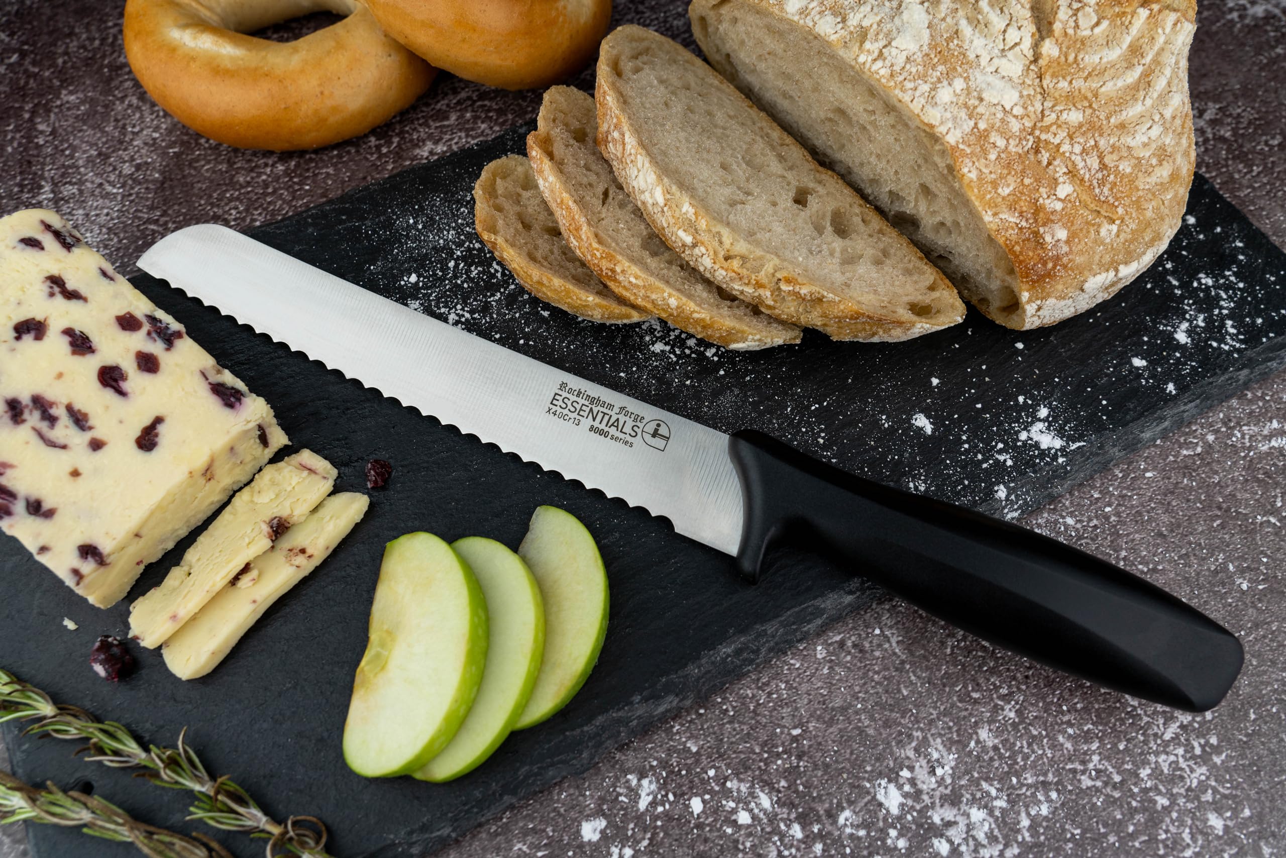 Rockingham Forge Essentials 8007 8-Inch Lightweight Stainless Steel Bread Knife with Ergonomic Black Handle - Perfect for Slicing Bread, Cakes & Pastries | Kitchen & Bakery Essential