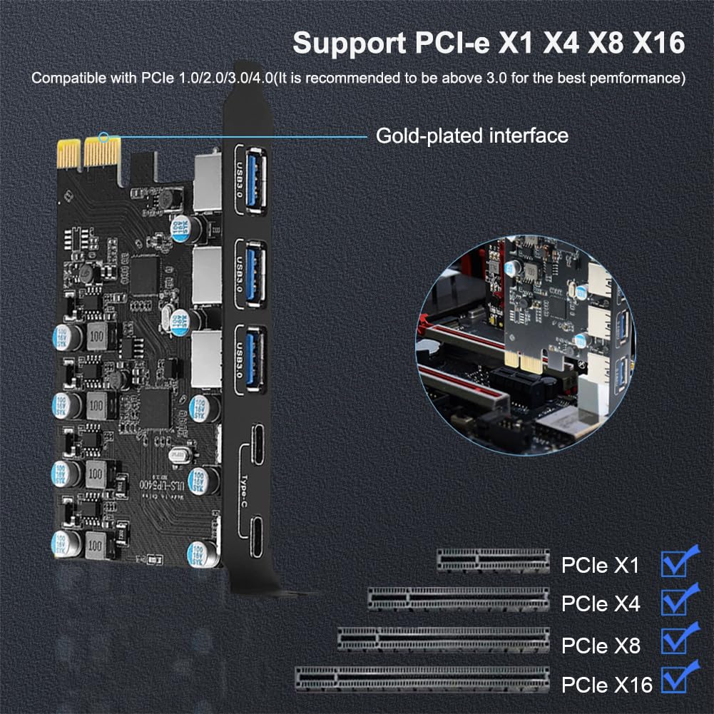5-Port USB 3.0 PCIe Expansion Card with 3x USB-A & 2x USB-C Ports - 5Gbps High Speed Data Transfer for Windows 11/10/8/7/XP, Linux & Mac OS 10.8.2+ | Perfect for Gaming PCs, Workstations & Home Office Setups
