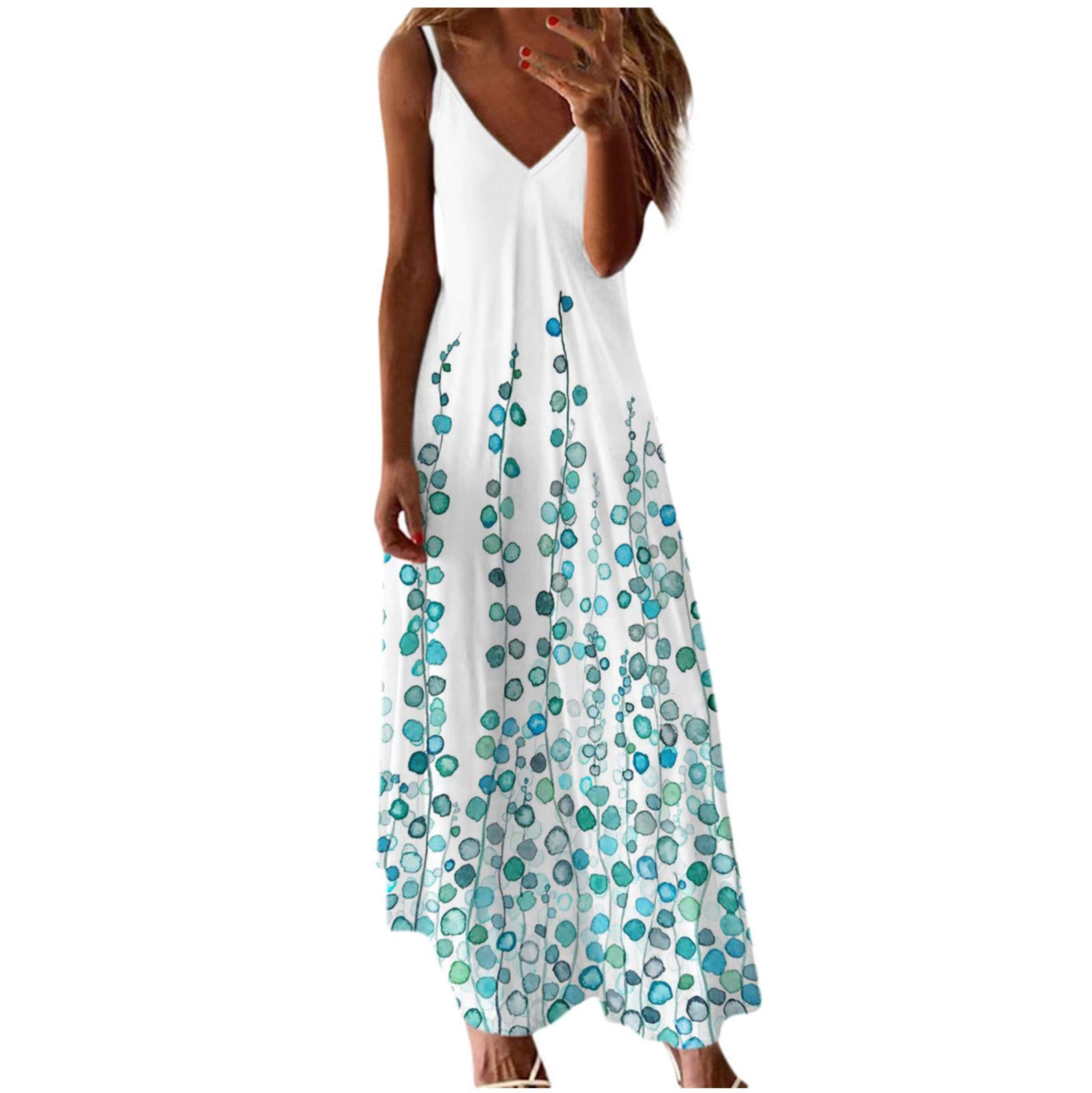 Elegant Long V-Collar Sleeveless Maxi Dress for Women - Floral Printed Loose Rayon Summer Dress - Perfect for Beach Vacations, Garden Parties & Casual Outings