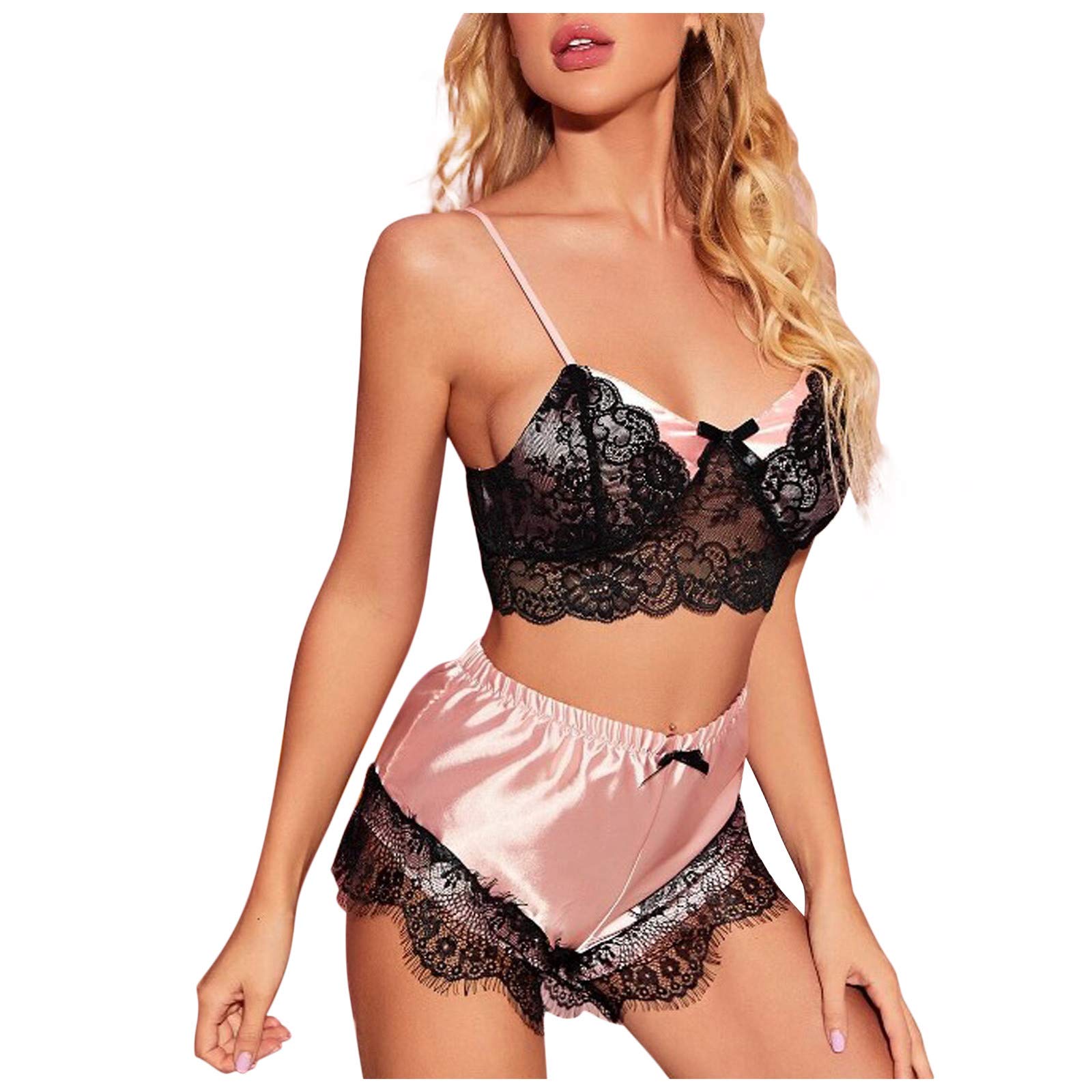 Sexy Backless Satin Lingerie Set - Lace V-Neck Pajamas & Body Stockings for Women | Perfect for Valentine's Day, Bridal Shower & Romantic Nights