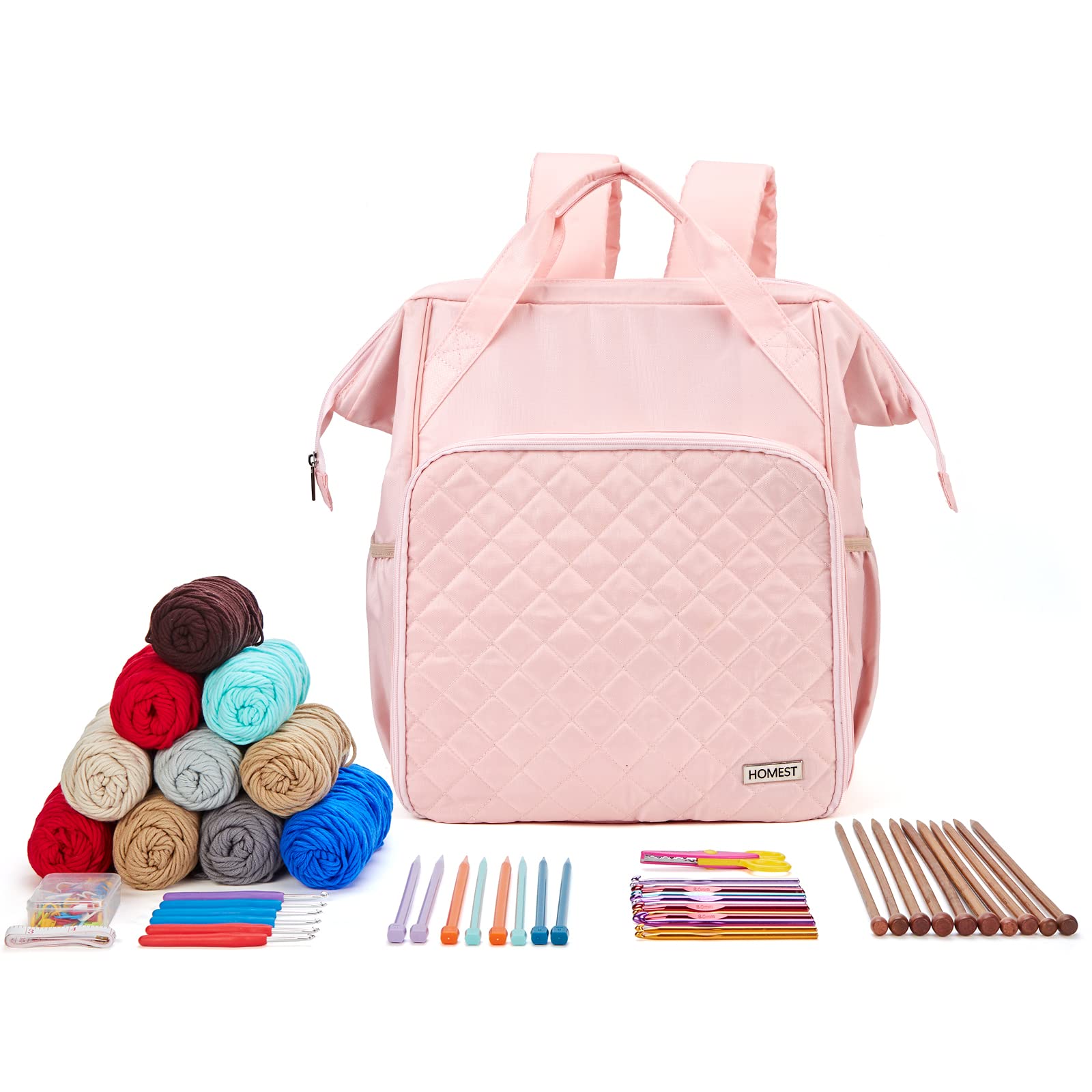 HOMEST Knitting Bag Backpack - Large Crochet Storage Organizer with Custom Front Pocket for Yarn, Needles & Supplies | Pink Yarn Holder for Knitting & Crocheting Projects | Perfect for Travel, Crafting & Home Organization