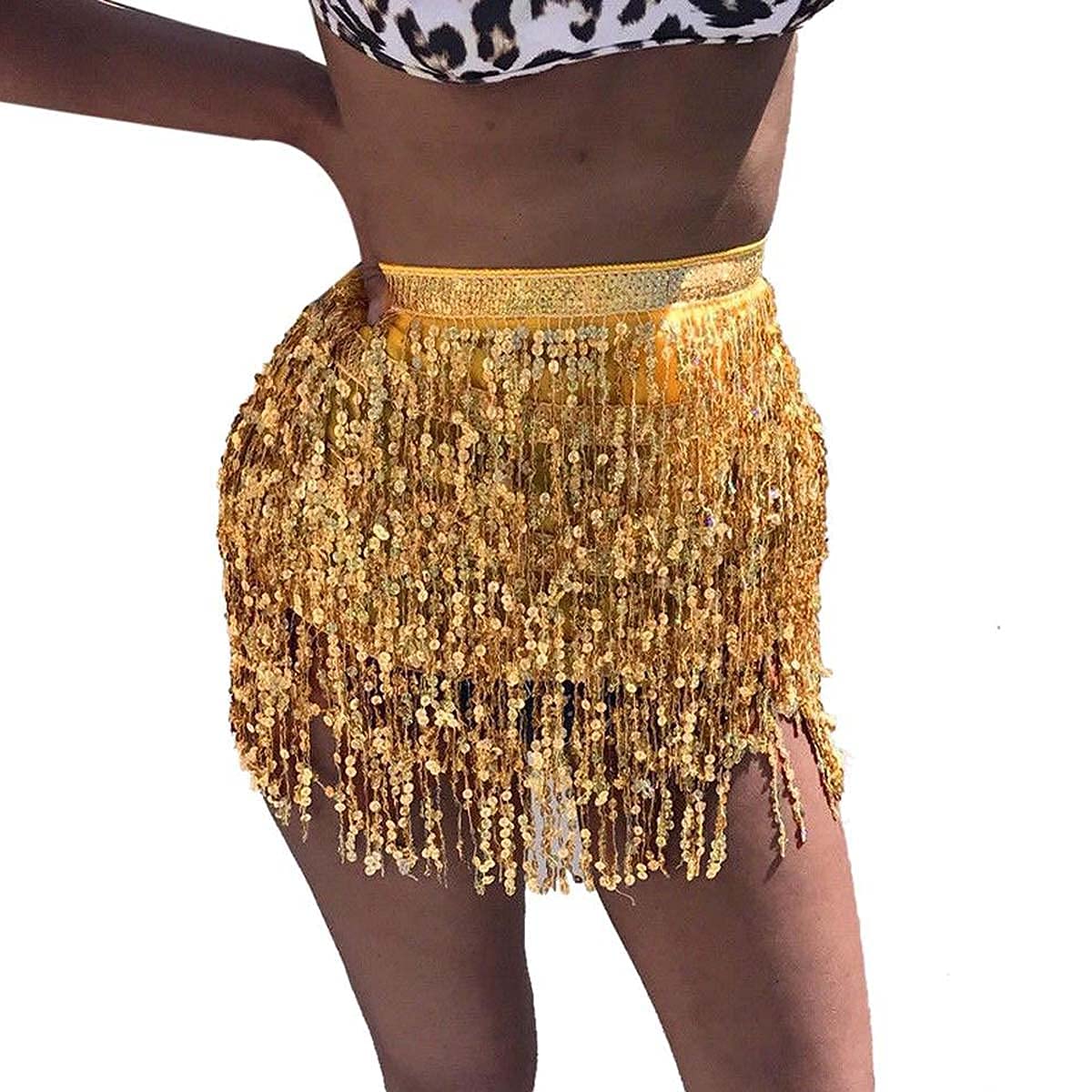 Women's Belly Dance Hip Skirt with Tassels & Sequins - Strappy Wrap Scarf for Rave, Halloween Costume, Club Party, Festival Performance, Dance Practice, Stage Show