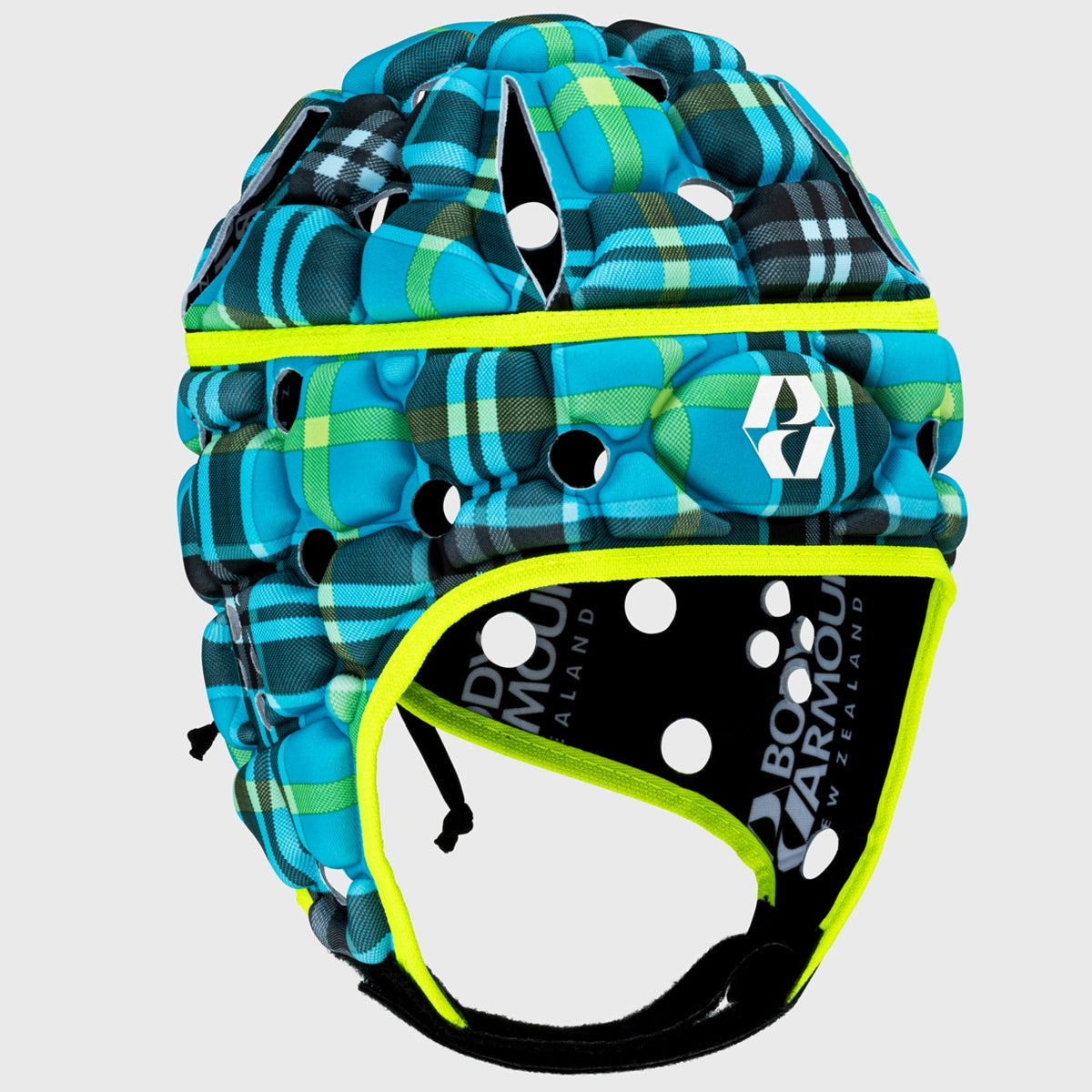 Ventilated Rugby Headguard - Body Armour Protection in Cyan Tartan Design for Enhanced Safety & Comfort | Perfect for Rugby, Football & Contact Sports