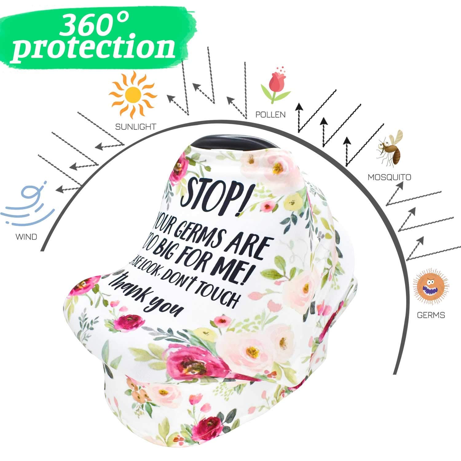 Baby Car Seat Cover & Shoulder Pads Set - Floral No Touching Sign Canopy, Stroller Seat Strap Covers for Newborn Girls & Boys - Nursing Scarf & Kids Seat Belt Protectors for Pushchair - Perfect for Travel, Shopping & Daily Outings