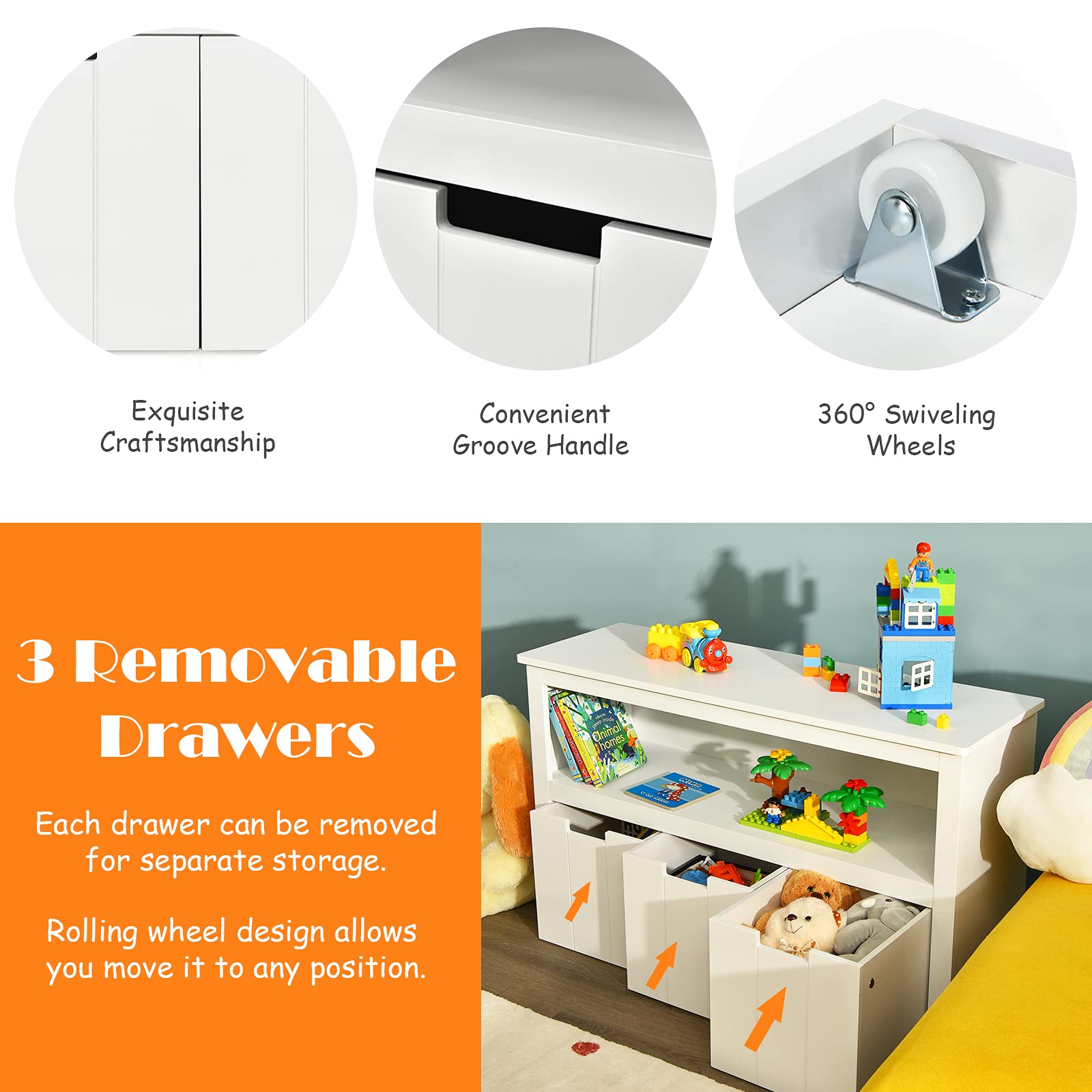 GOFLAME Kids' Toy Storage Cabinet - Wooden Organizer with 3 Removable Drawers, Rolling Wheels & Open Shelf | Perfect for Storing Toys, Books & Games in Bedroom, Playroom or Nursery