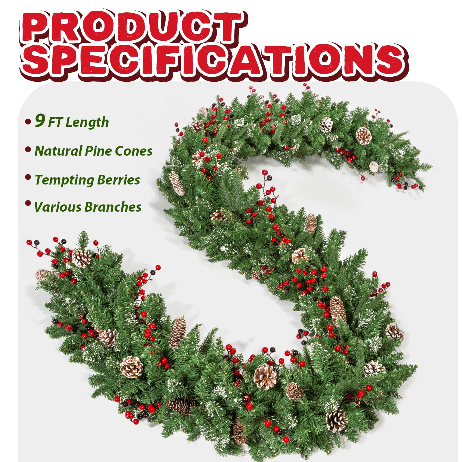 9 ft Prelit Christmas Garland with 100 LED Lights - Battery Operated Timer & 8 Lighting Modes - Faux Pine Garland with Natural Cones & Berries - Perfect for Mantle, Stairs, Fireplace, Holiday Home Decor