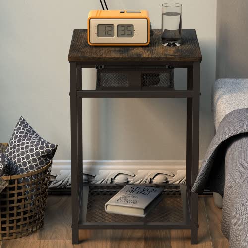 Rustic Brown Sofa Side Table with Grid Storage Drawer - Coffee Table, End Table & Nightstand for Living Room, Bedroom - Perfect for Small Spaces, Home Decor & Storage Solutions