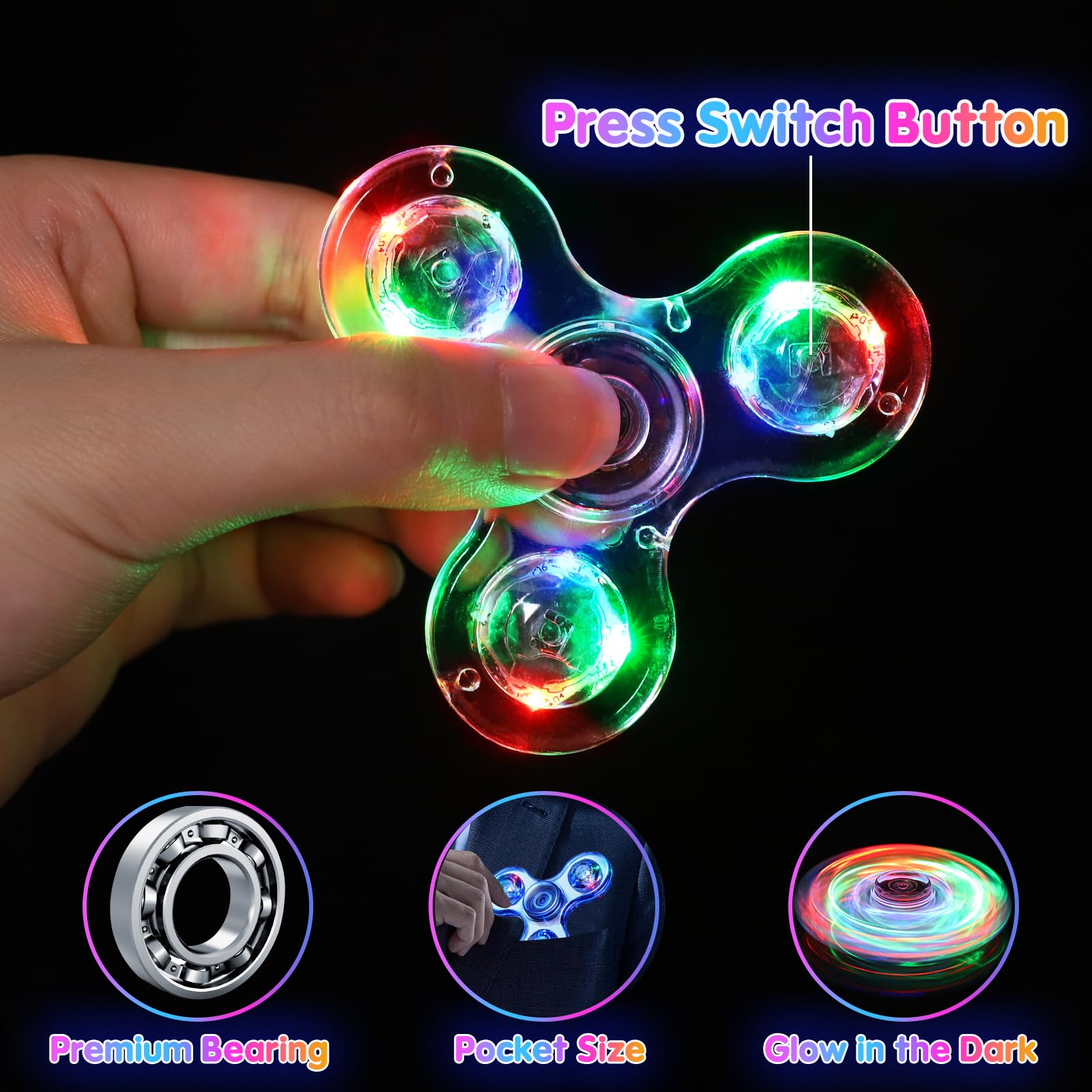LED Light Up Fidget Spinner for Kids - Glow in The Dark Sensory Toys for ADHD, Stress Relief & Focus - Easter Basket Stuffers, Birthday Gifts, Classroom Prizes & Party Favors for Ages 4-12 (Great for Home, School & Travel Use)