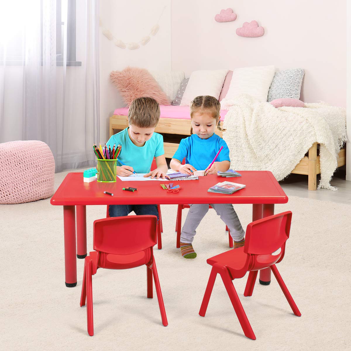 Rectangular Kids Activity Table - Portable Plastic Play Table with Foot Mats for Boys & Girls - Children's Furniture for School, Home, Reading & Dining - Ideal for Playrooms, Classrooms & Daycares (Red)