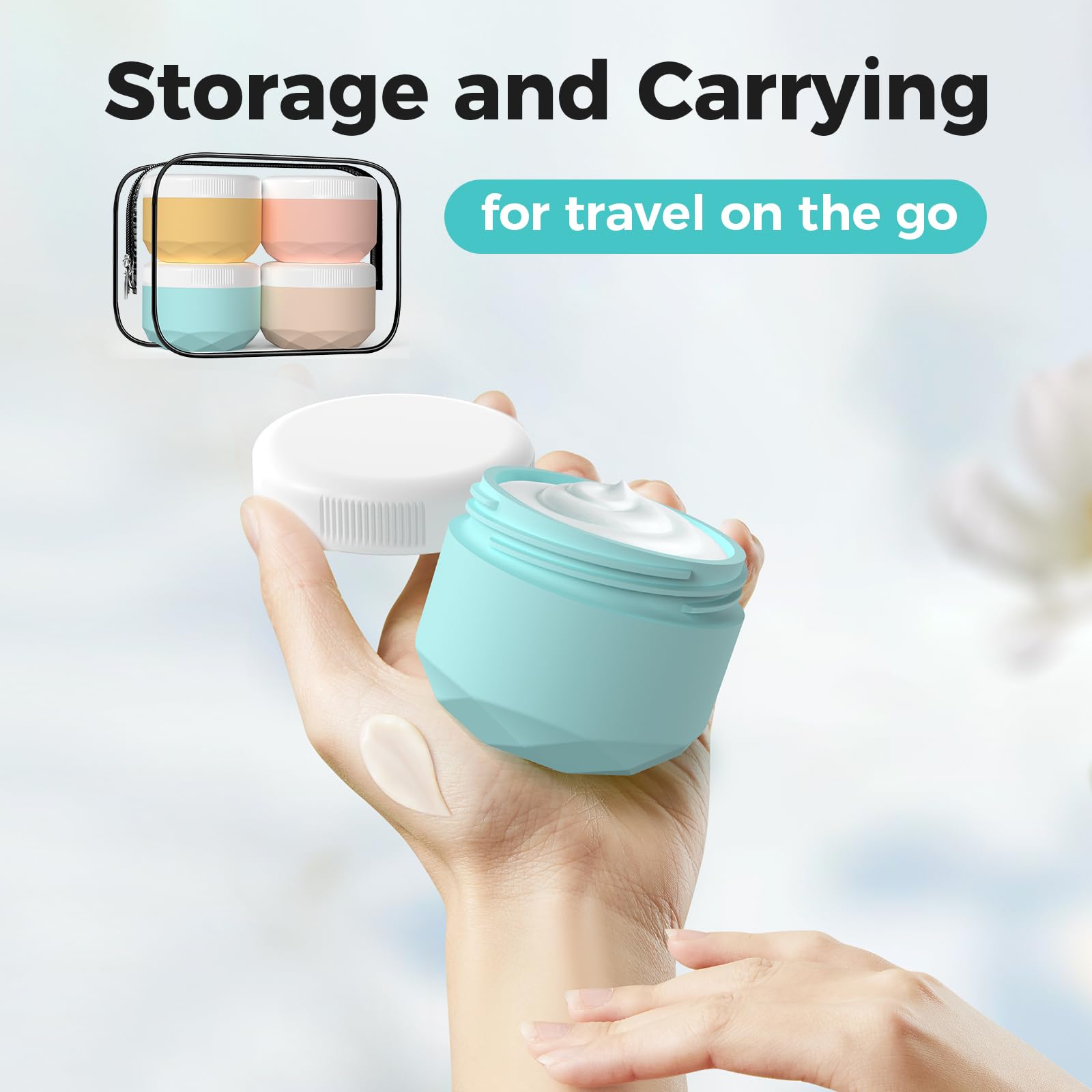 TSA Approved 4-Pack 1oz Silicone Travel Containers for Toiletries | Leakproof & BPA Free Cosmetic Jars for Creams, Lotions, Skincare & Makeup | Includes Waterproof Bag | Perfect for Air Travel, Gym & Vacation Essentials