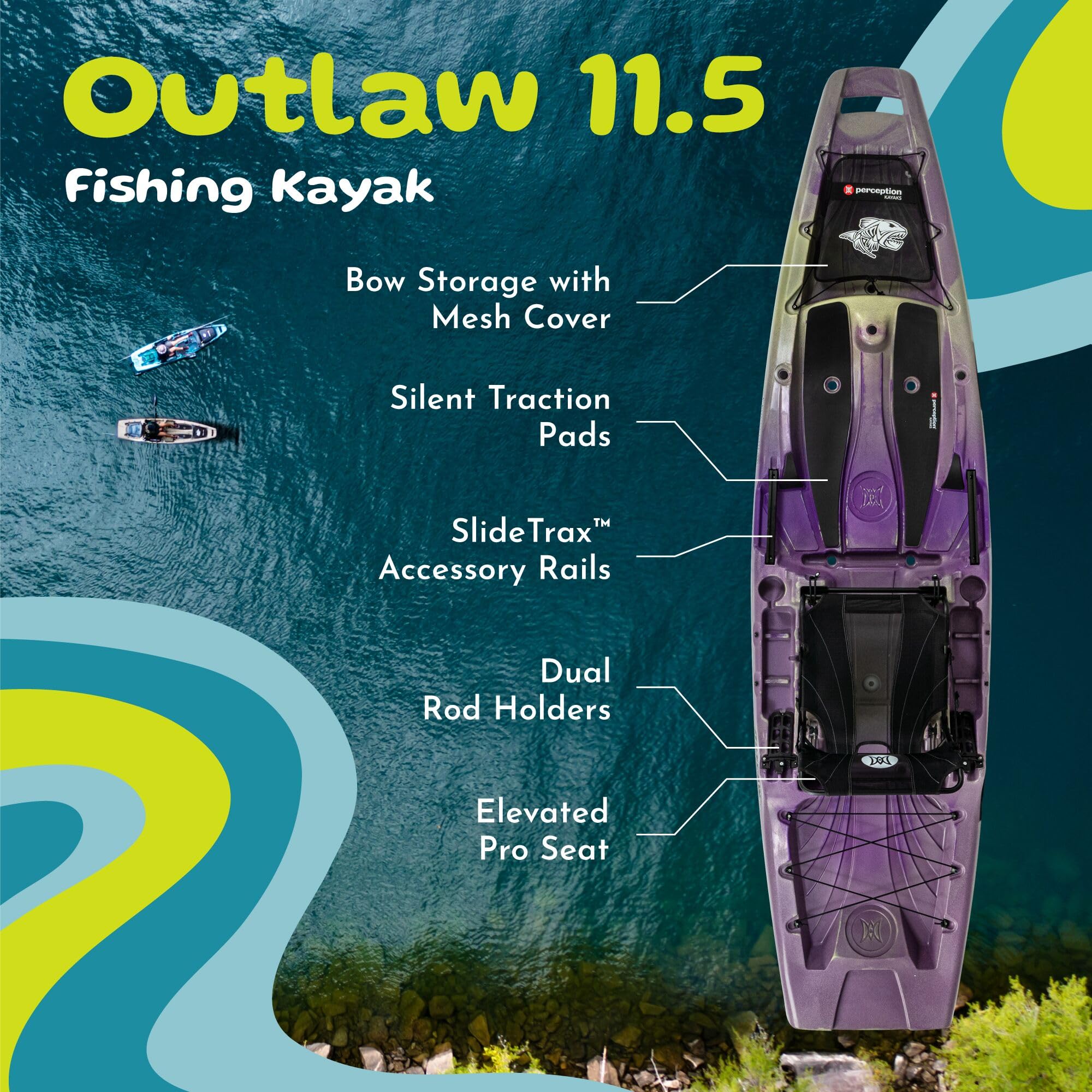 Perception Outlaw 11.5 Fishing Kayak - Sit on Top Kayak with Foldable Lawn Chair Seat, 4 Rod Holders & Built-in Tackle Trays | 11.6 ft Lightweight Kayak for Anglers | Perfect for Lakes, Rivers & Coastal Fishing Adventures